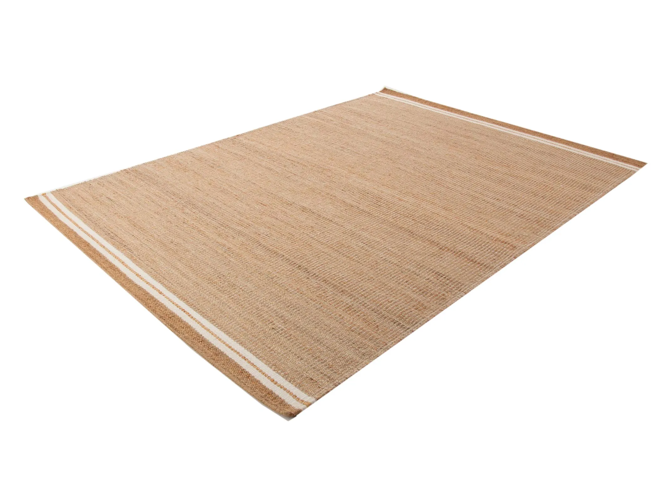 A natural jute large rectangular rug with white stripe edges from EZ Living Furniture's Novato range. Angled view