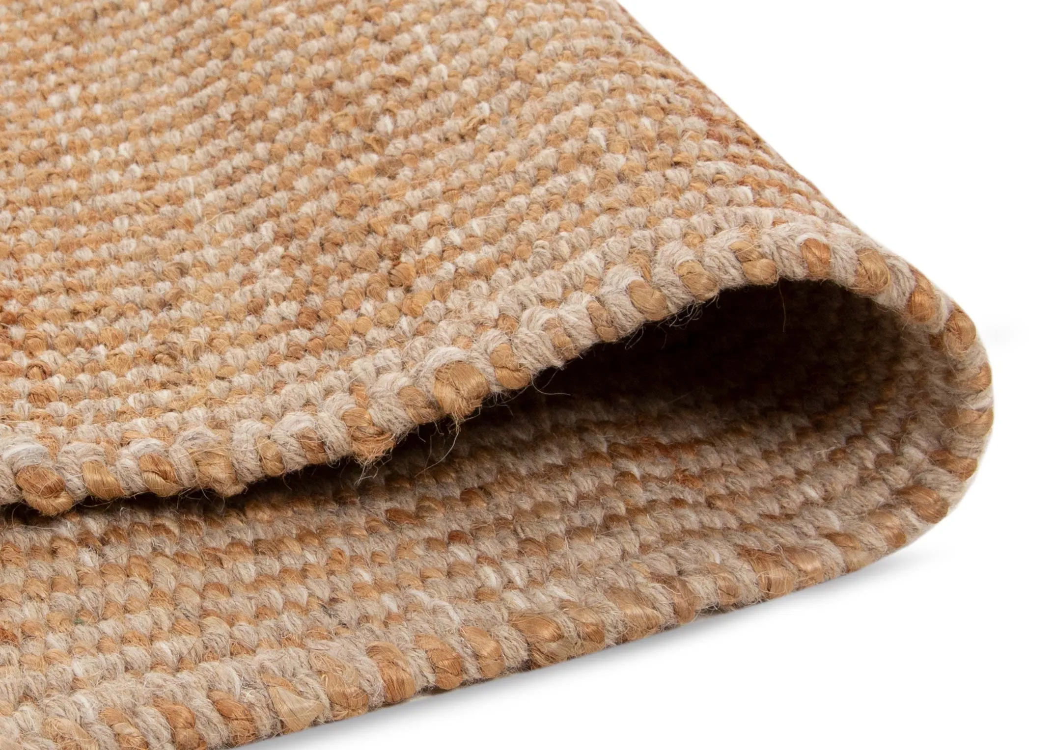A natural jute large rectangular rug with white stripe edges from EZ Living Furniture's Novato range. Closeup of underlay