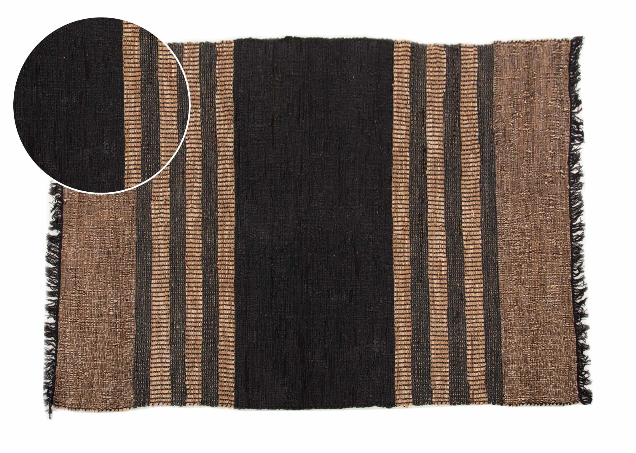 A brown & black stripped Large woven rug from EZ Livings Vagium range. Front view of fringed edges and closeup of woven pattern