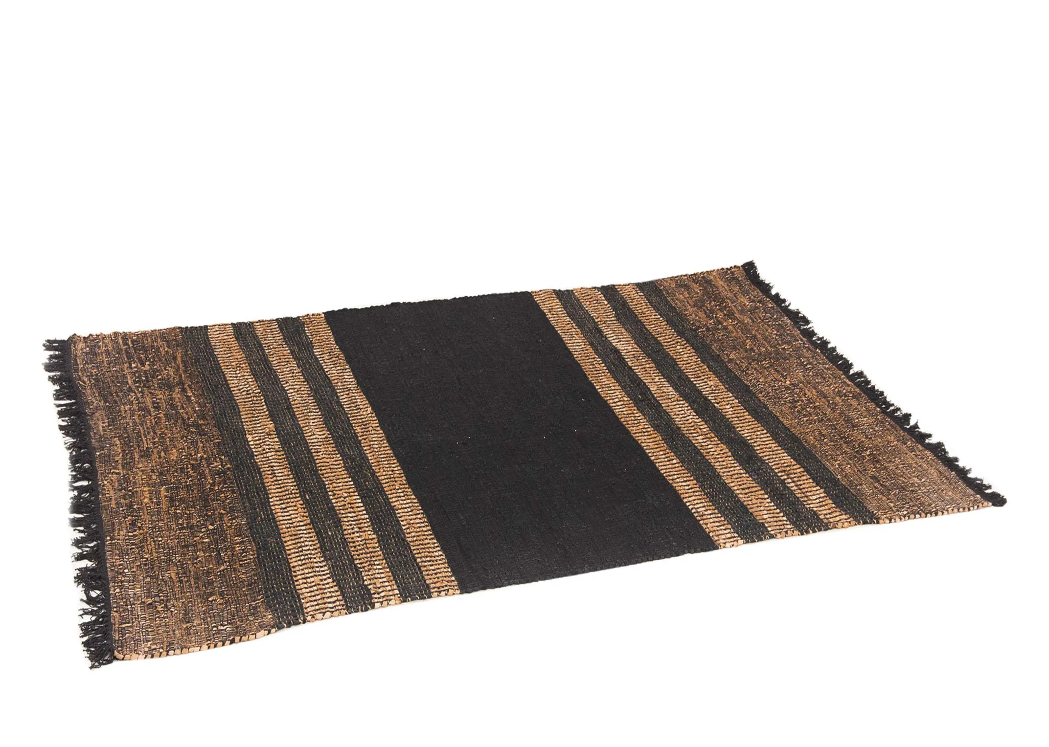 A brown & black stripped medium woven rug from EZ Livings Vagium range. Angled view of woven rug