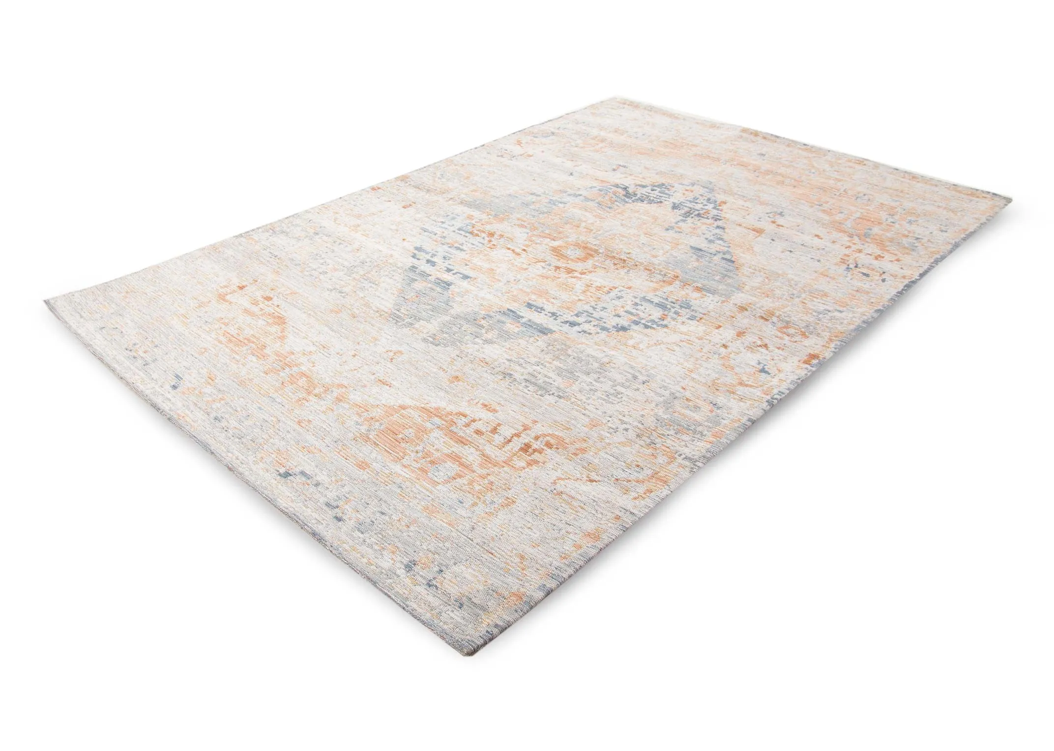 A peach & blue persian print on a large ivory rug from EZ Living Furniture's Maxima range. Angled view