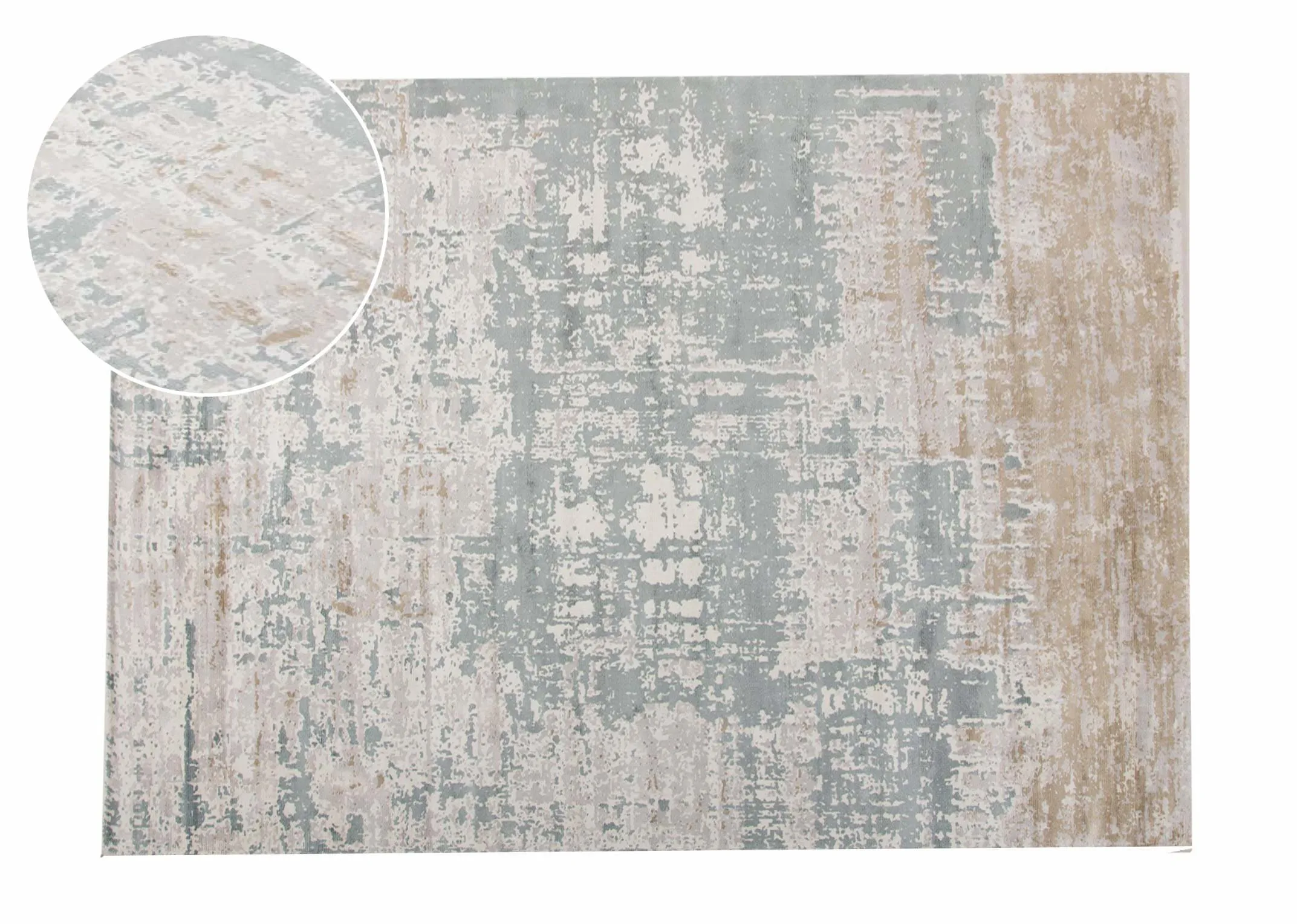 An ivory grey distressed medium rug from EZ Livings Modesto range. Horizontal view of rug and closeup of pattern