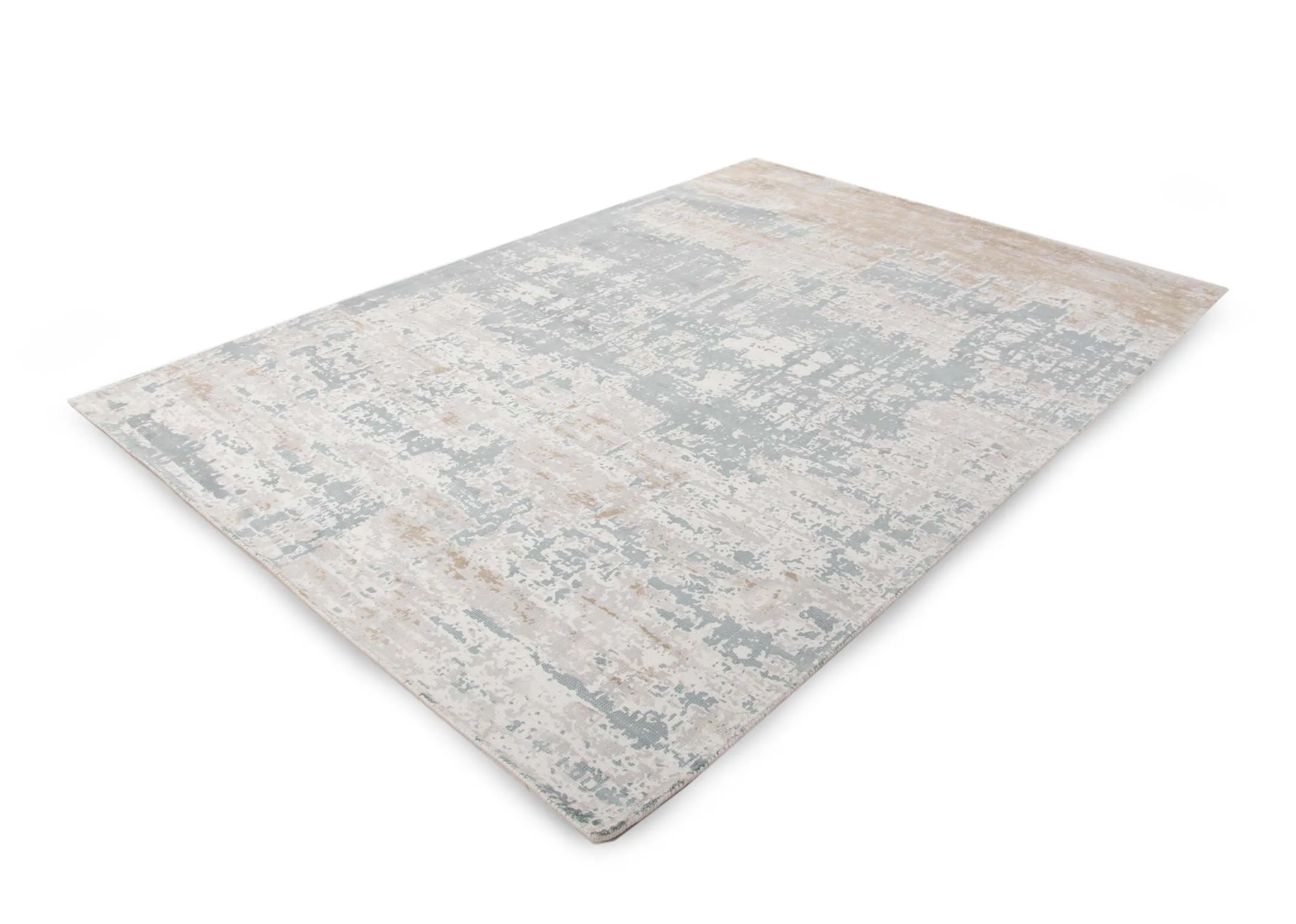 An ivory grey distressed medium rug from EZ Living's Modesto range. Angled view of rug