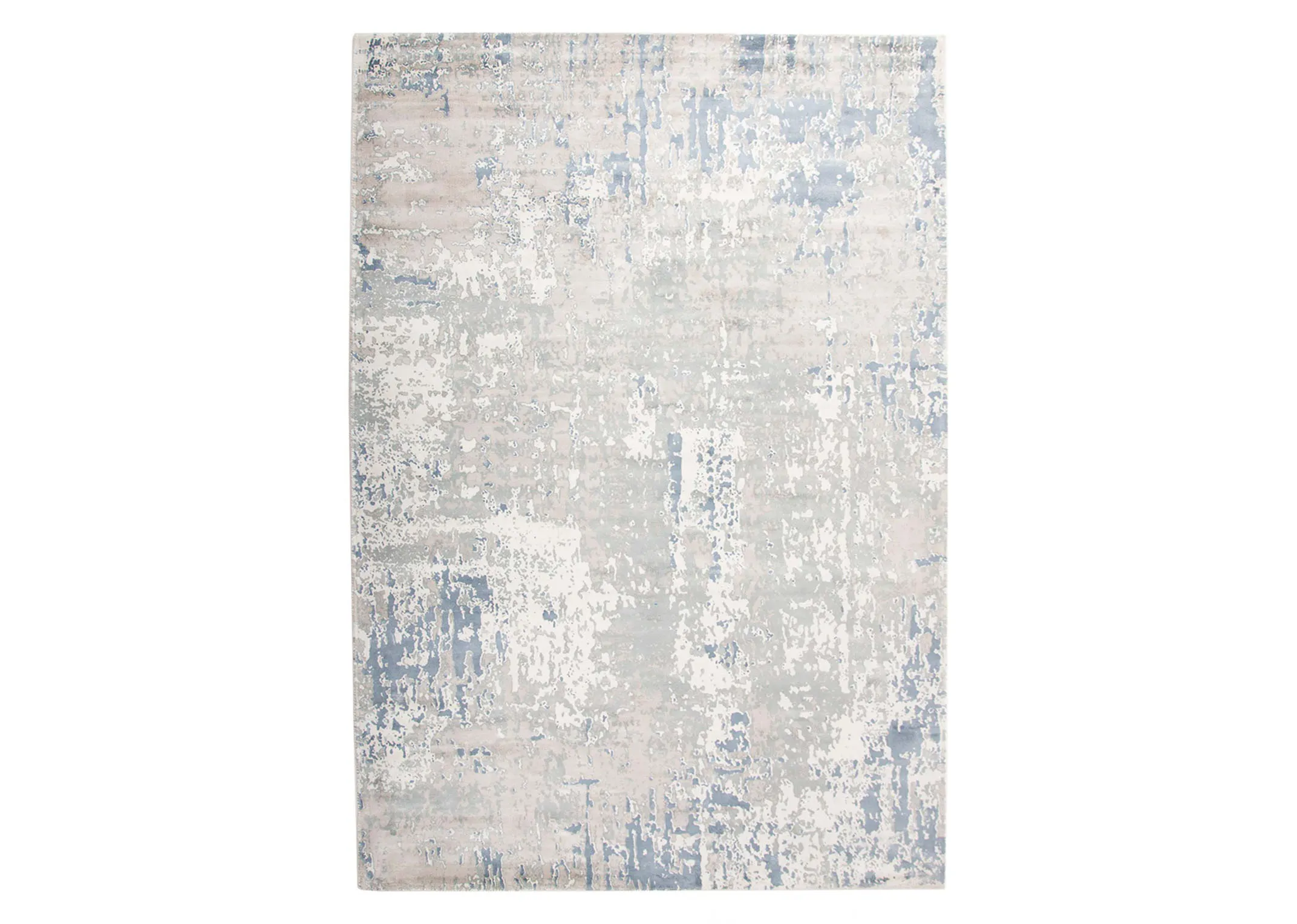 A blue & silver distressed large rug from EZ Living's Moderno range. Front view of vertical tug