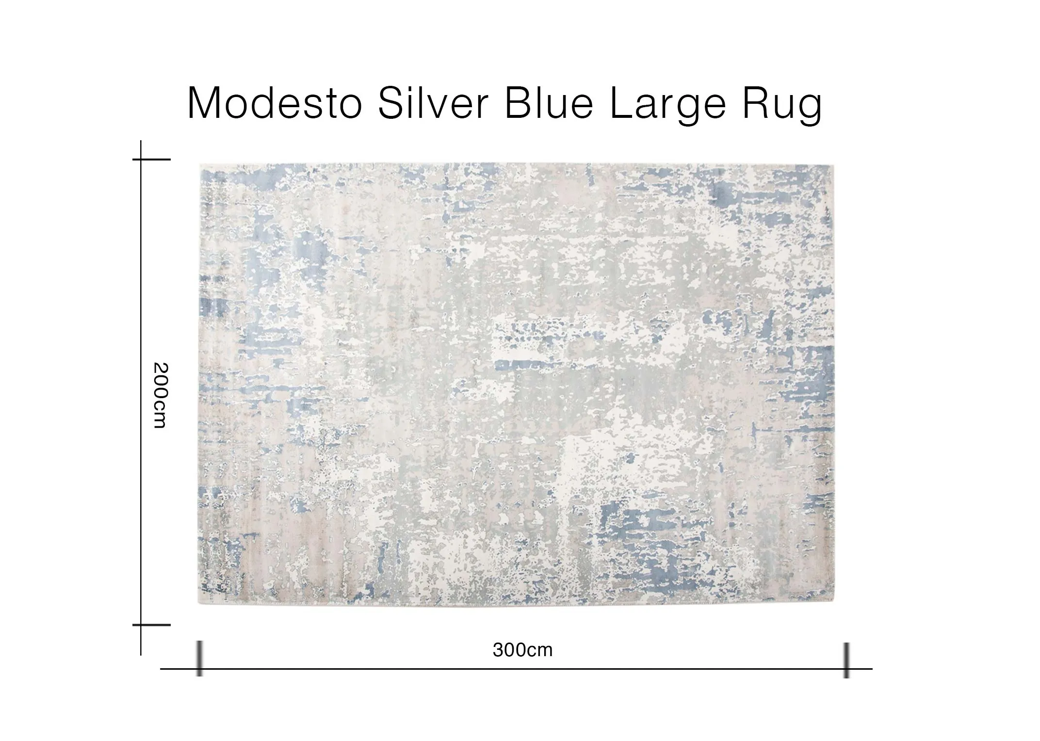 A dimension image of the Modersto Silver Blue Rug with 300cm (Width) x 200cm (Height)