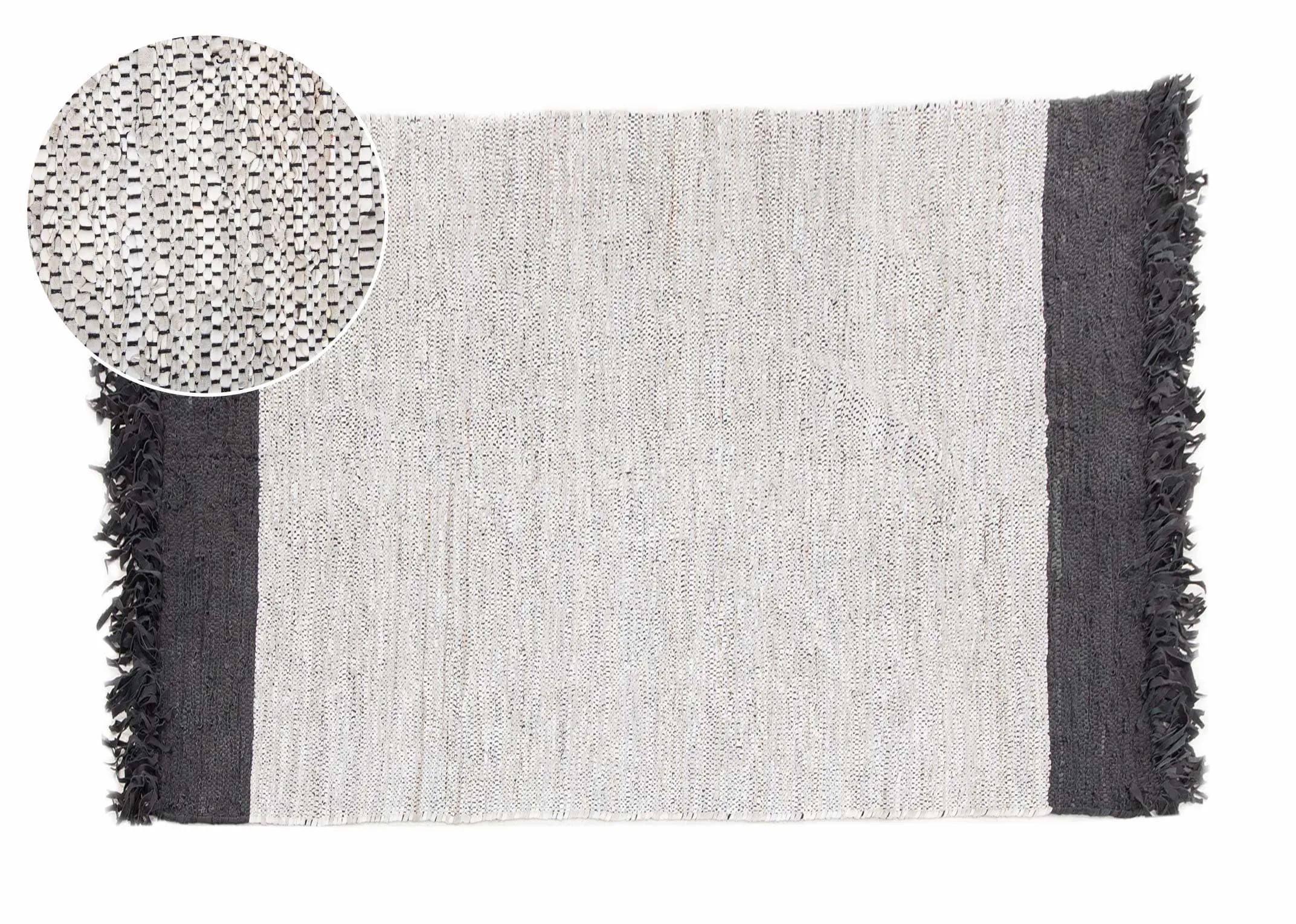 A light grey small woven rug with black trim & fringe from EZ Livings Vagium range. Front view with closeup window on woven fabric