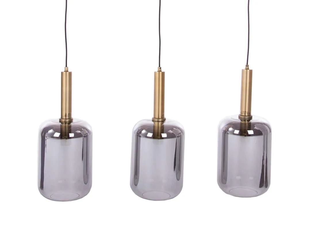 Three smoke glass hanging lamps with bronze fitting from EZ Living Furniture's Lekar range. Closeup pf shades & bronze fits.