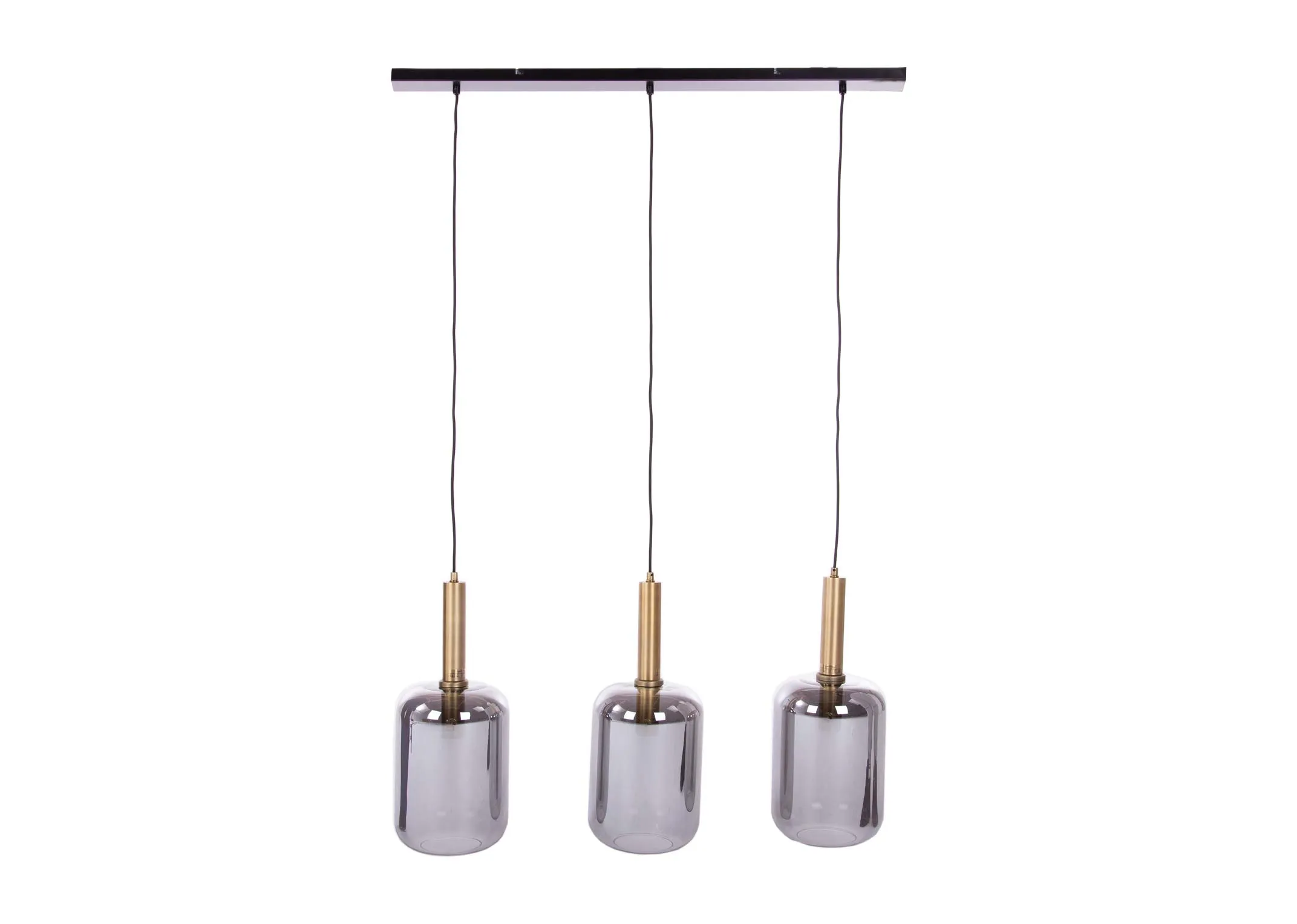 Three smoke glass hanging lamps with bronze fitting from EZ Living Furniture's Lekar range. Front view of hanging pendants