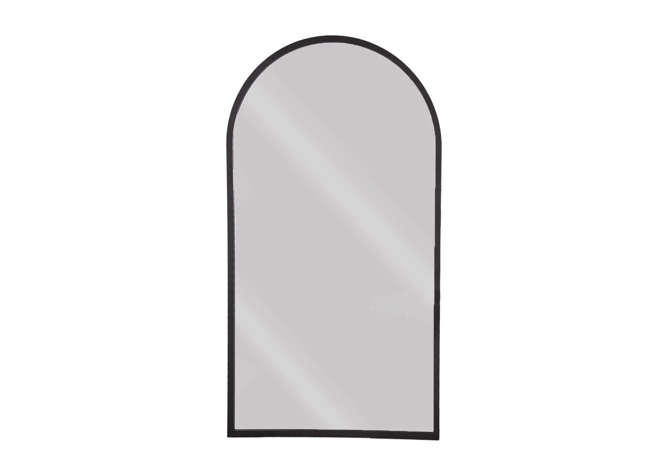 An arched large black framed wall mirror from EZ Living Furniture's Chrisley range. Front view of thin black frame.