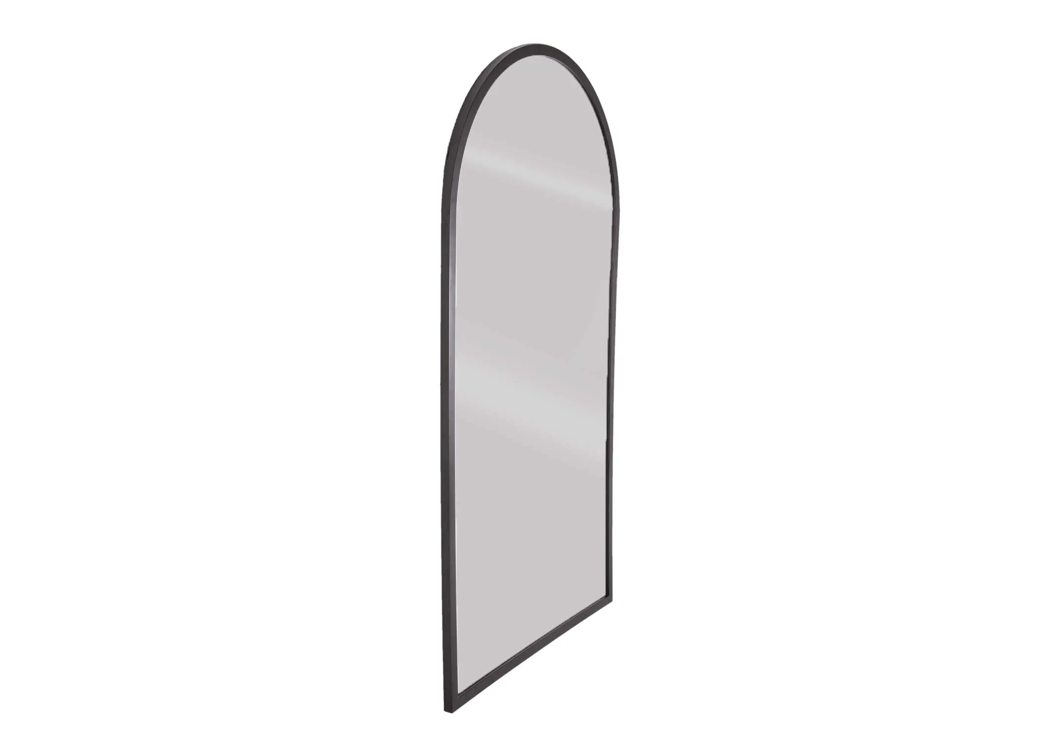 An arched large black framed wall mirror from EZ Living Furniture's Chrisley range. Angled view of 7.5cm depth