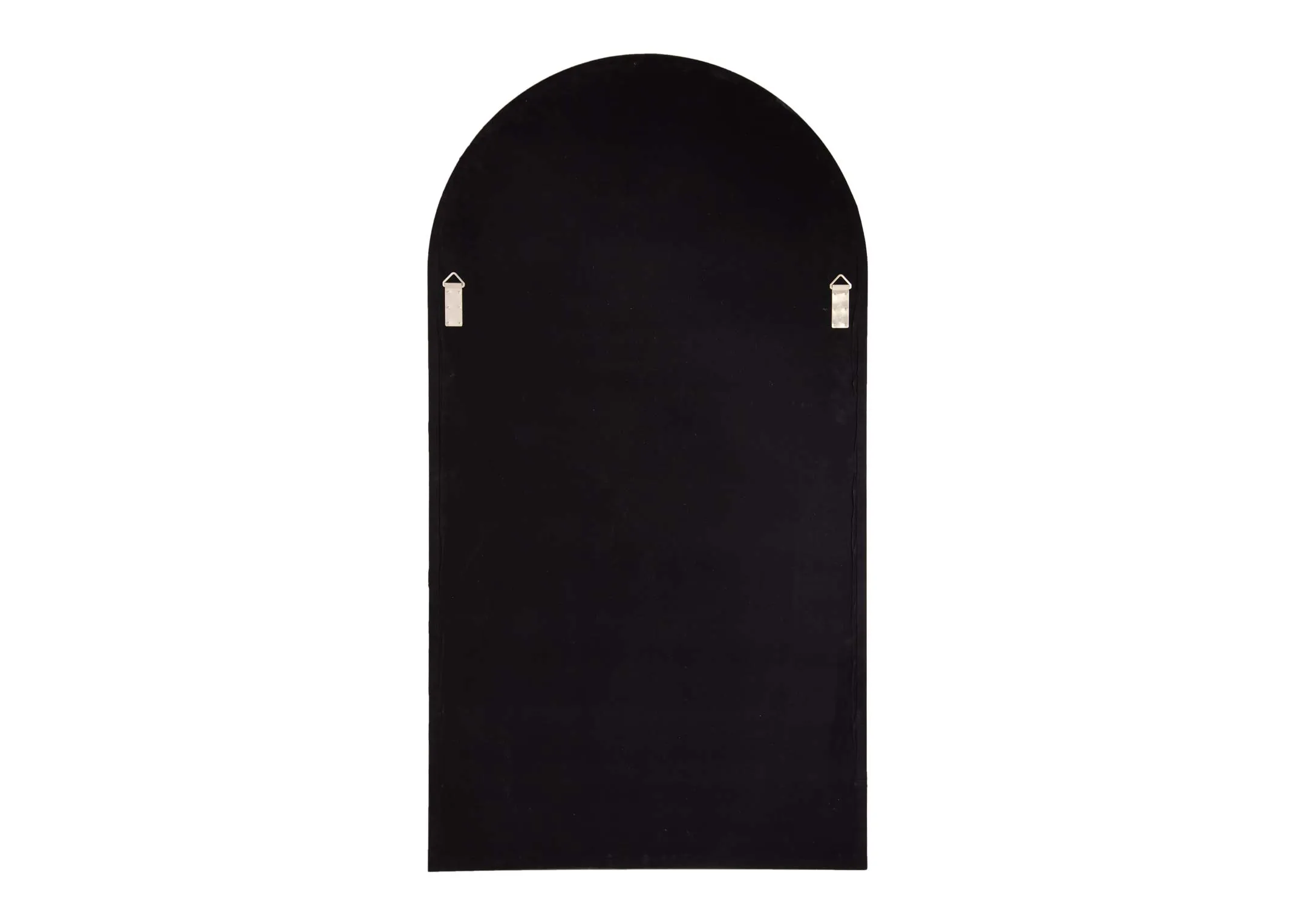 An arched large black framed wall mirror from EZ Living Furniture's Chrisley range. Back view of wall hooks on either side
