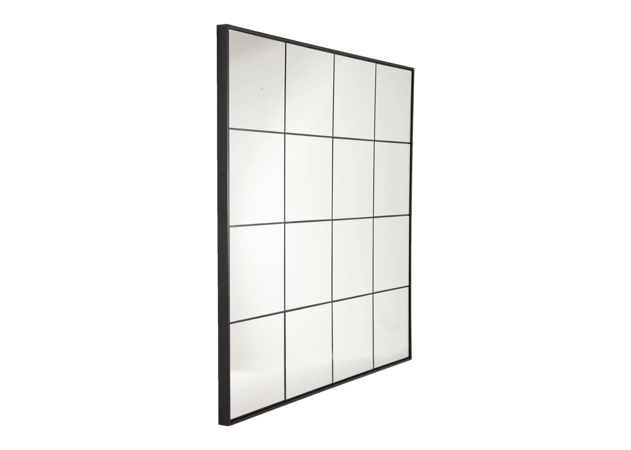 A square silver window pane mirror with black frame from EZ Living's Farley range. Angled view of thick depth