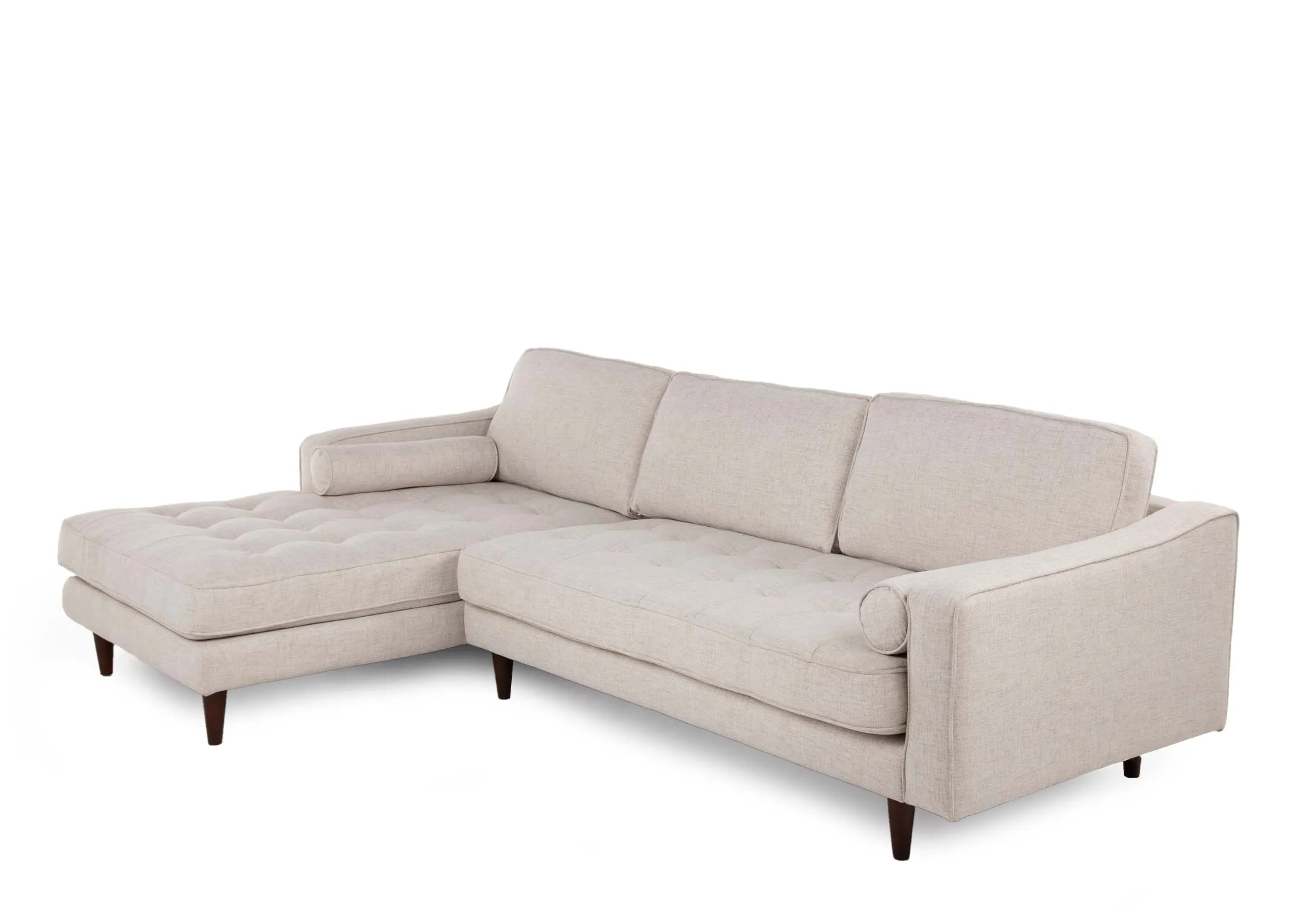 A cream fabric LHF corner chaise from EZ Living's Genoa range. Angled view of dark feet & high arms.