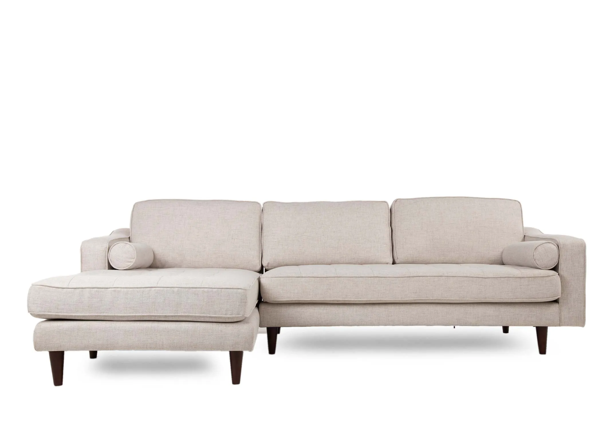 A cream fabric LHF corner chaise from EZ Living's Genoa range. Front view of plump cushions