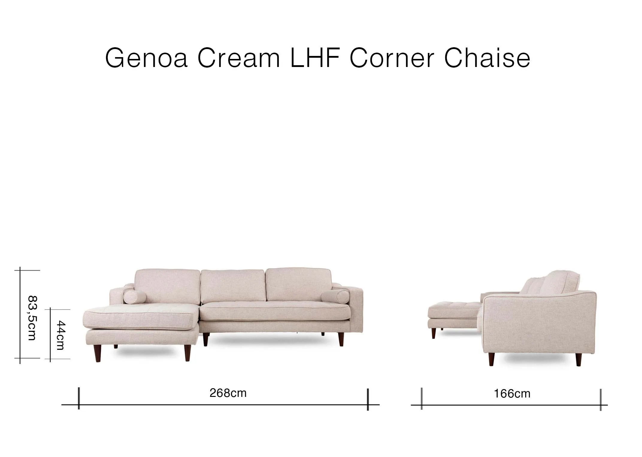 A dimension image of the Genoa Cream Cor ner Chaise with 268cmW x 166cmD x 83.5cmH