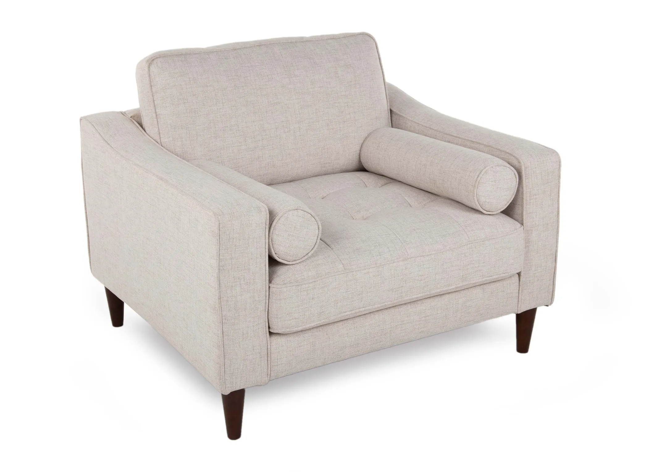 A cream fabric armchair with dark legs from EZ Living Furniture's Genoa range. Angled view of bolster cushions.
