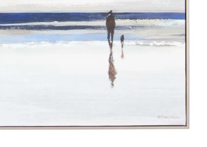 A silver framed canvas of an ocean with a person strolling toward from EZ Living's Shoreline range. Closeup of frame