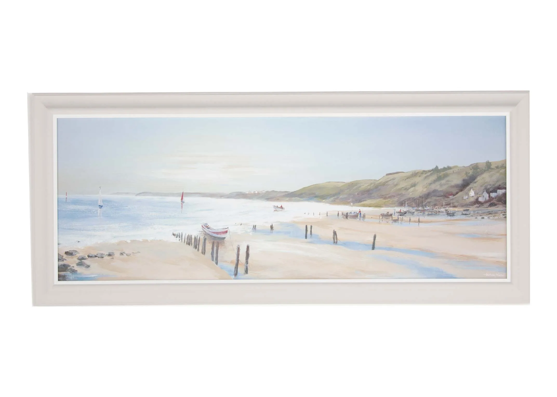 A framed Anthony Waller print of a rugged coastal beach from EZ Living's Calm Waters. Front view