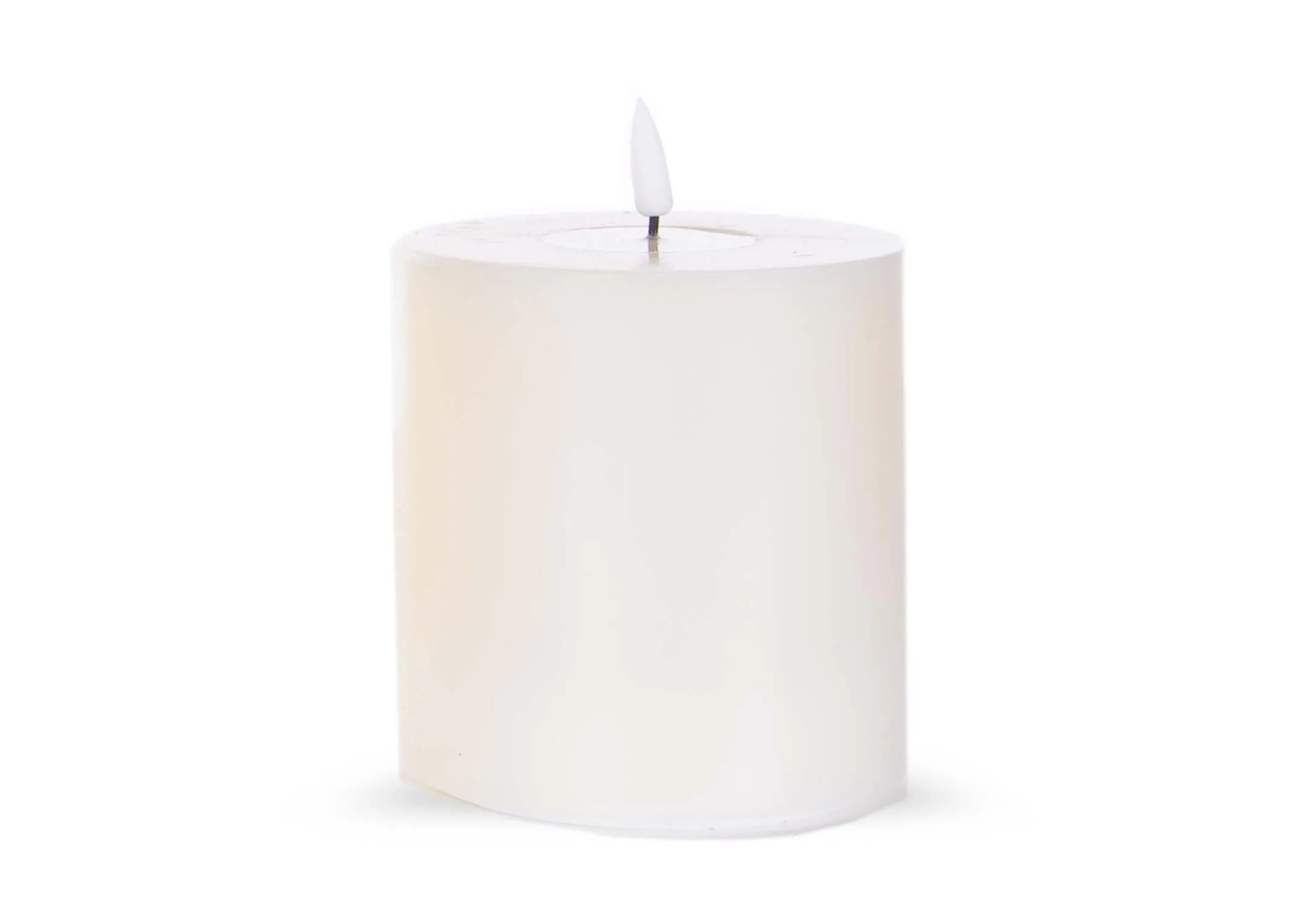A small led cream candle with lifelike flame from EZ Living Furniture's Deluxe Homeart range. Front view of candle unlit.
