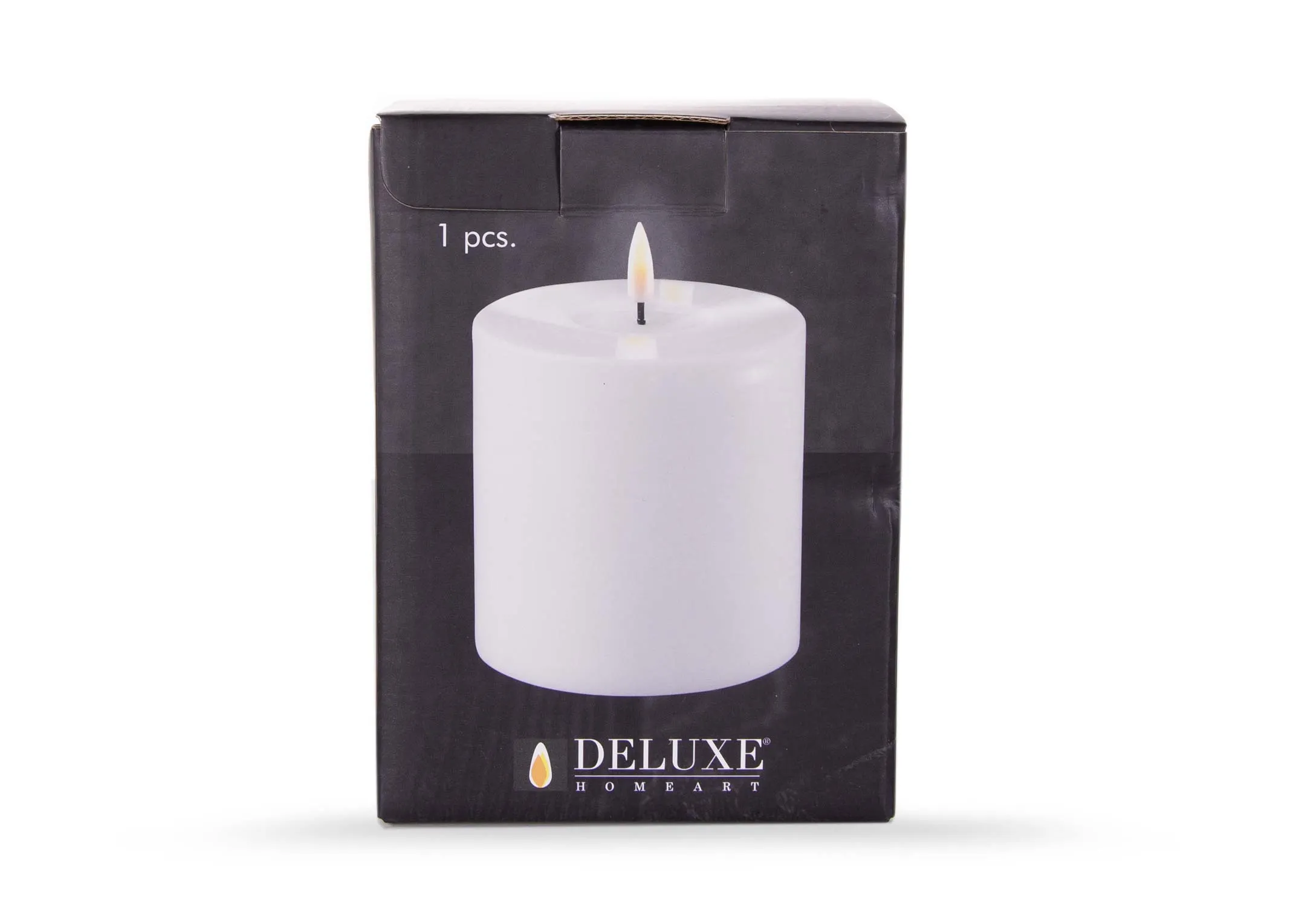 A small led cream candle with lifelike flame from EZ Living Furniture's Deluxe Homeart range. Front view of box
