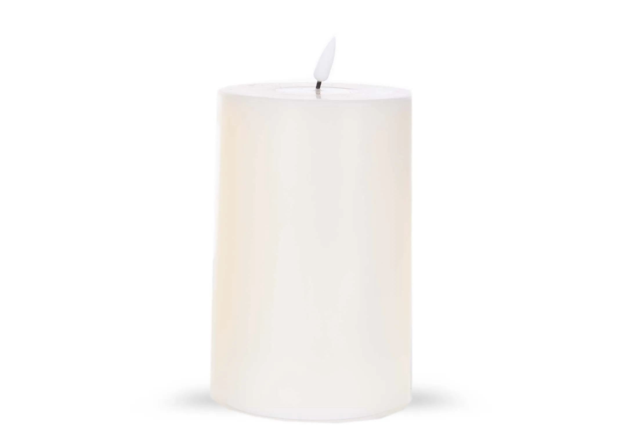 A medium led cream candle with lifelike flame from EZ Living Furniture's Deluxe Homeart range. Front view of candle unlit.