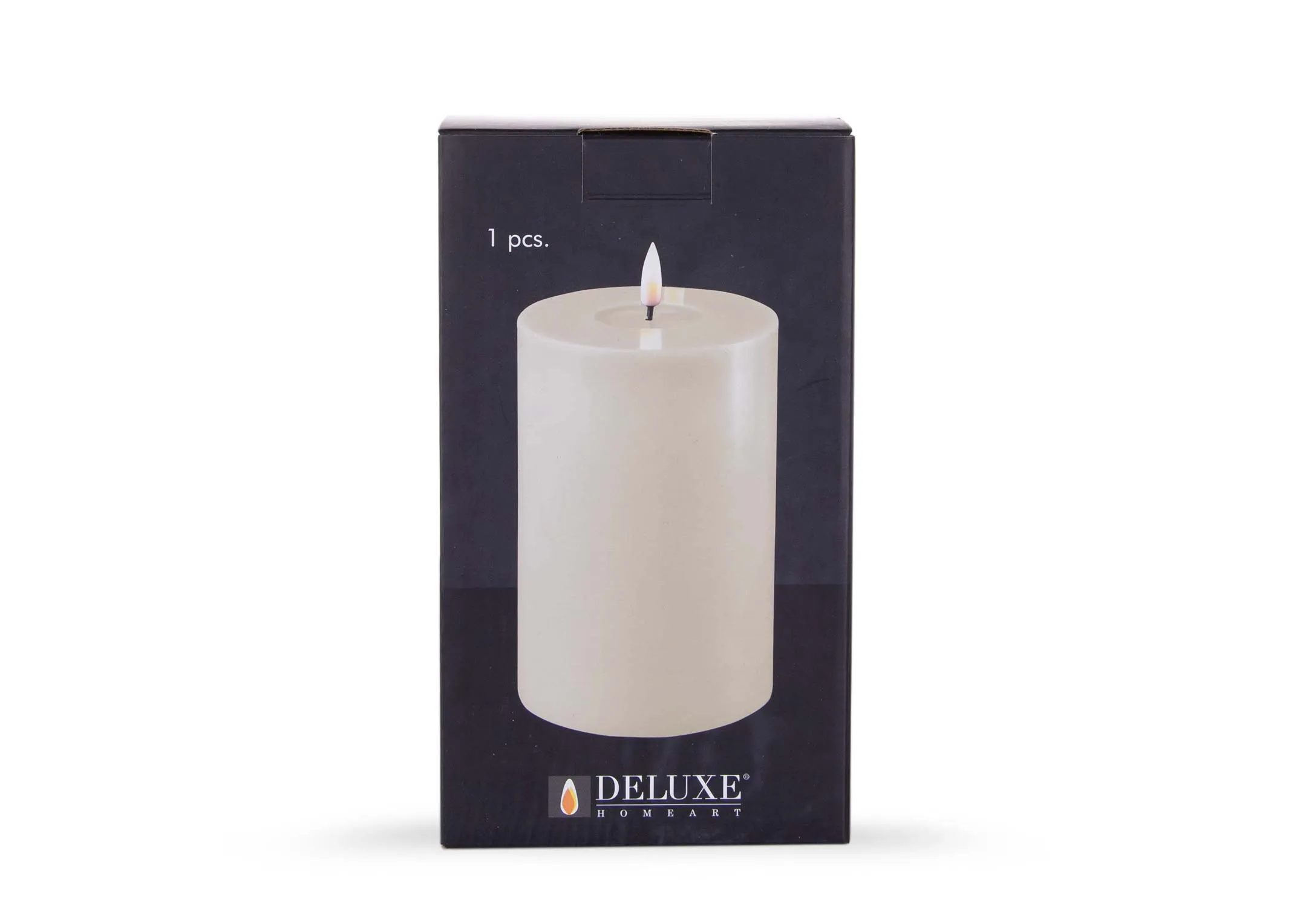 A medium led cream candle with lifelike flame from EZ Living Furniture's Deluxe Homeart range. Front view of box
