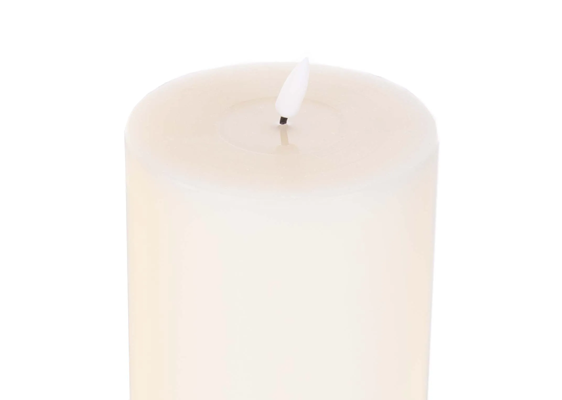 A medium led cream candle with lifelike flame from EZ Living Furniture's Deluxe Homeart range. Closeup view of the flameless