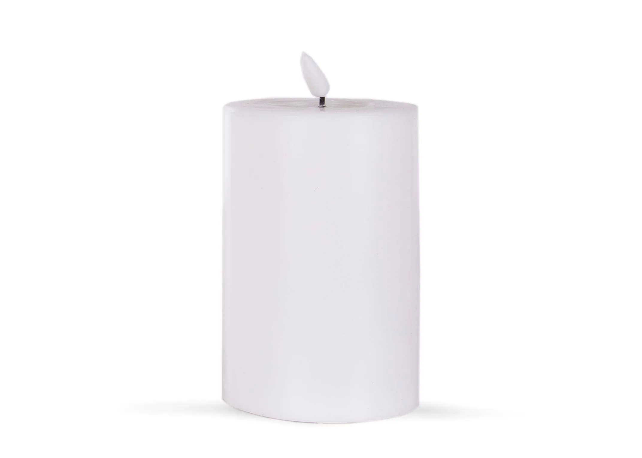 A small led white candle with lifelike flame from EZ Living Furniture's Deluxe Homeart range. Front view of slim unlit.
