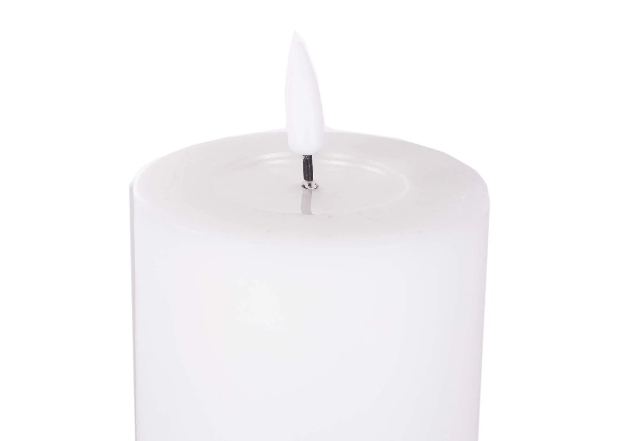 A small led white candle with lifelike flame from EZ Living Furniture's Deluxe Homeart range. Closeup of flameless wick