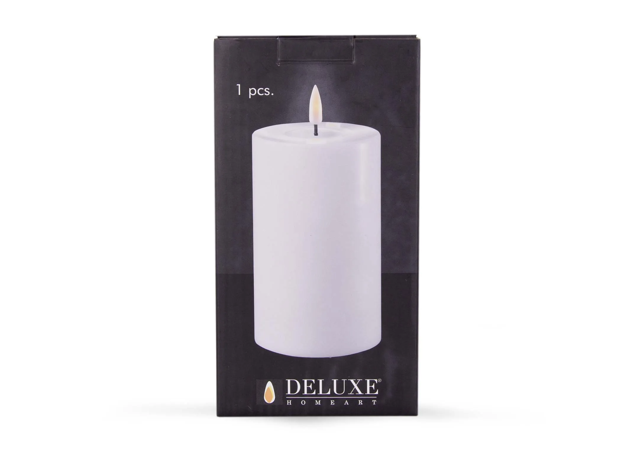 A medium led white candle with lifelike flame from EZ Living Furniture's Deluxe Homeart range. Front view of box
