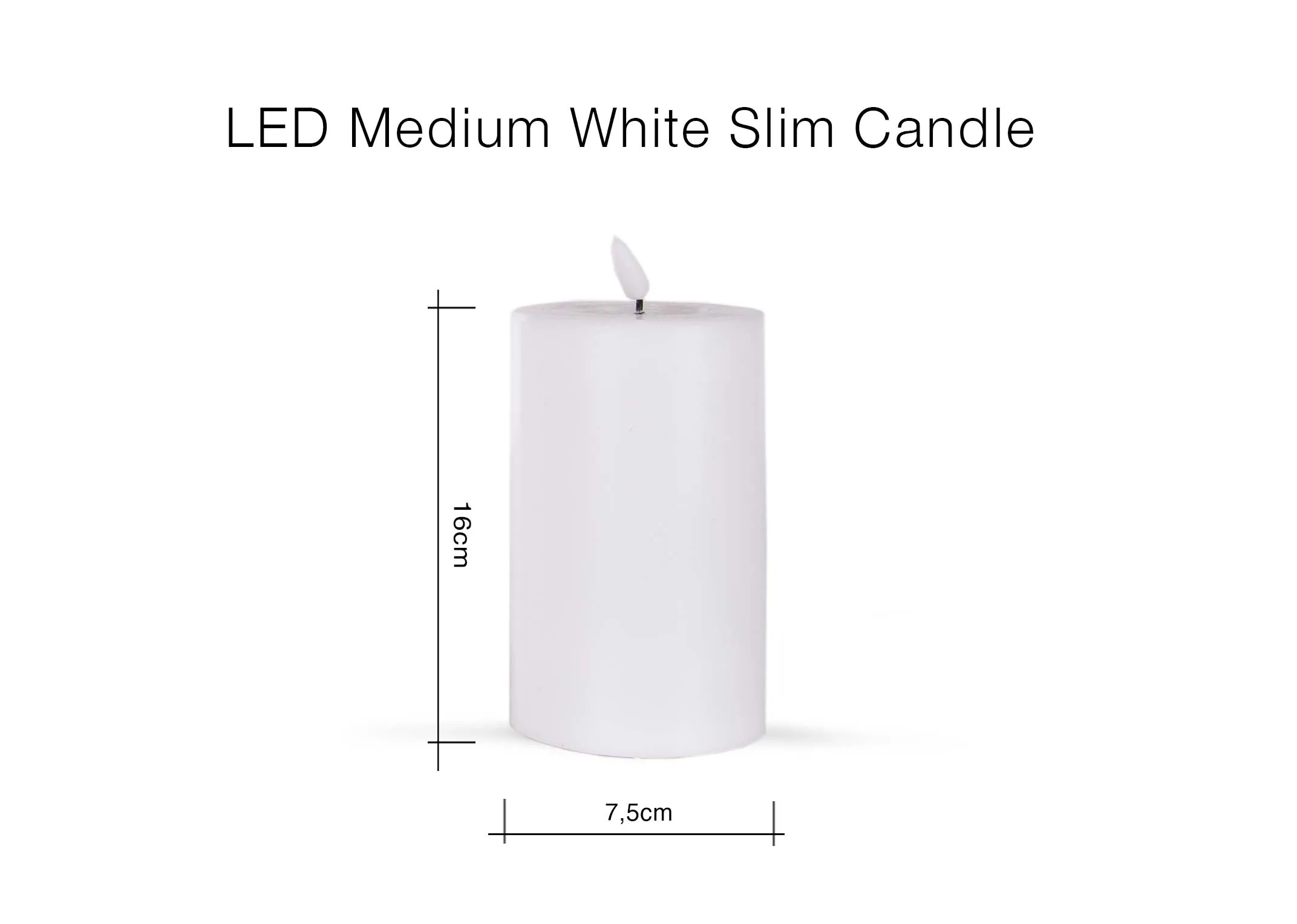 A dimension image of the Small White Candle with 7.5cm x 16cm