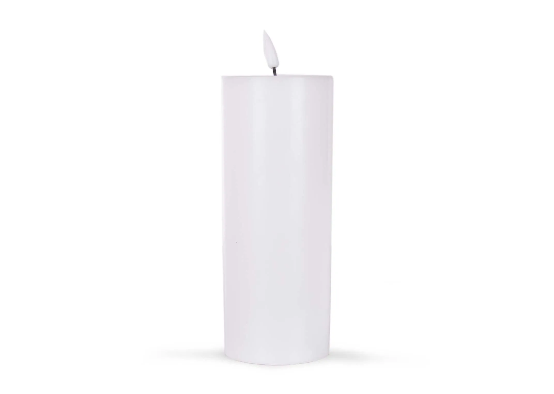 A large led white candle with lifelike flame from EZ Living Furniture's Deluxe Homeart range. Front view of slim candle
