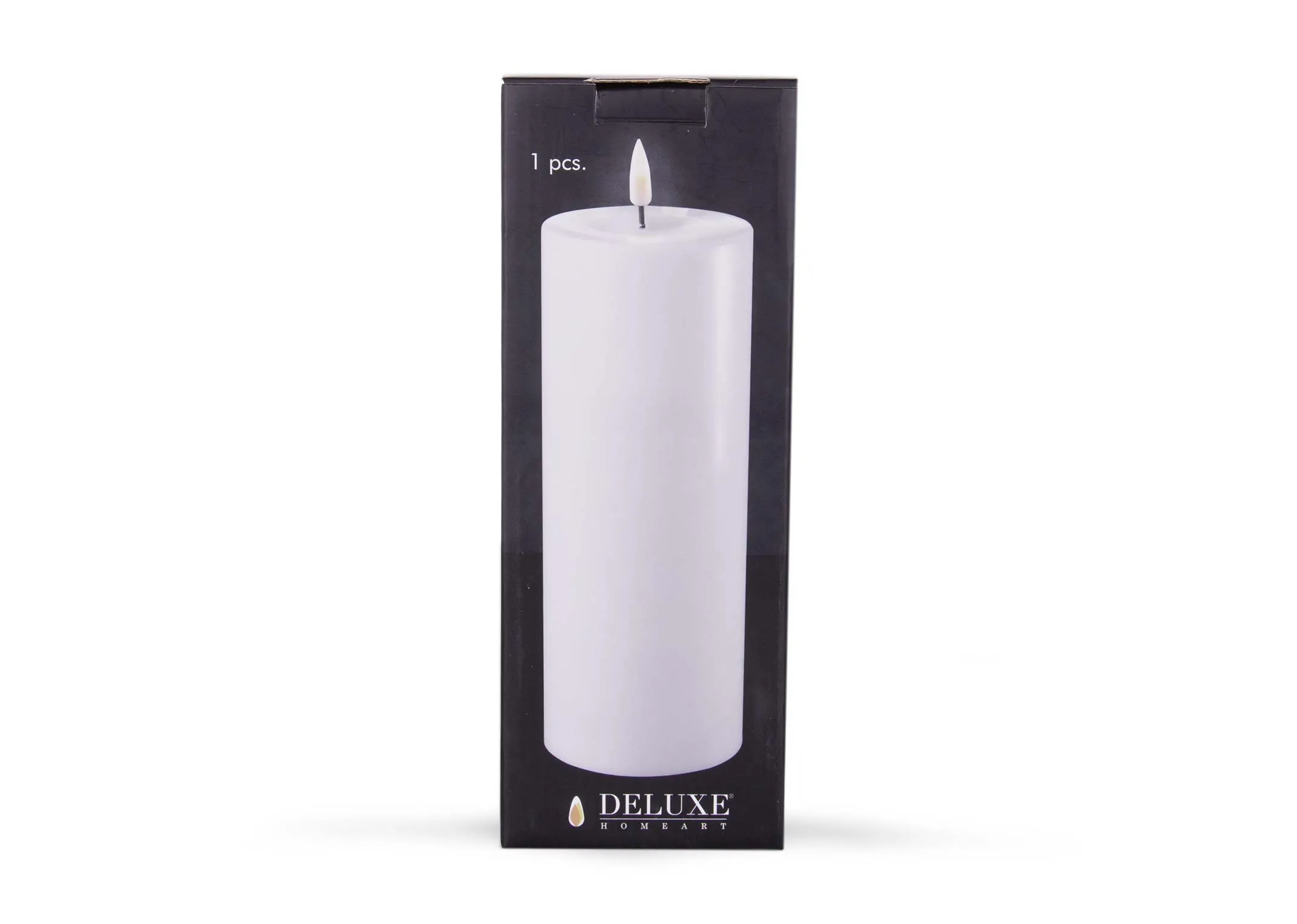 A large led white candle with lifelike flame from EZ Living Furniture's Deluxe Homeart range. Front view of box