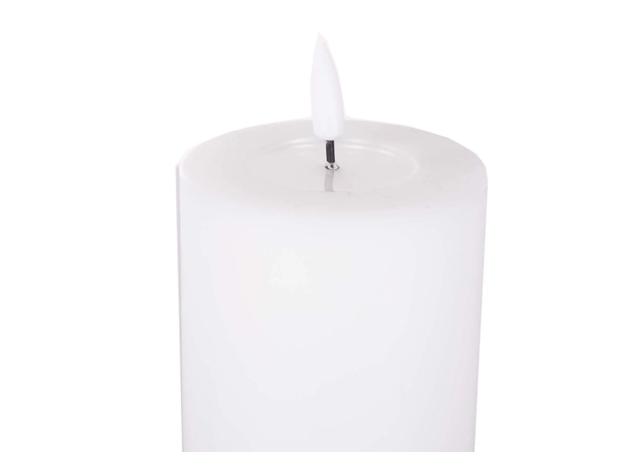 A large led white candle with lifelike flame from EZ Living Furniture's Deluxe Homeart range. Closeup of wick