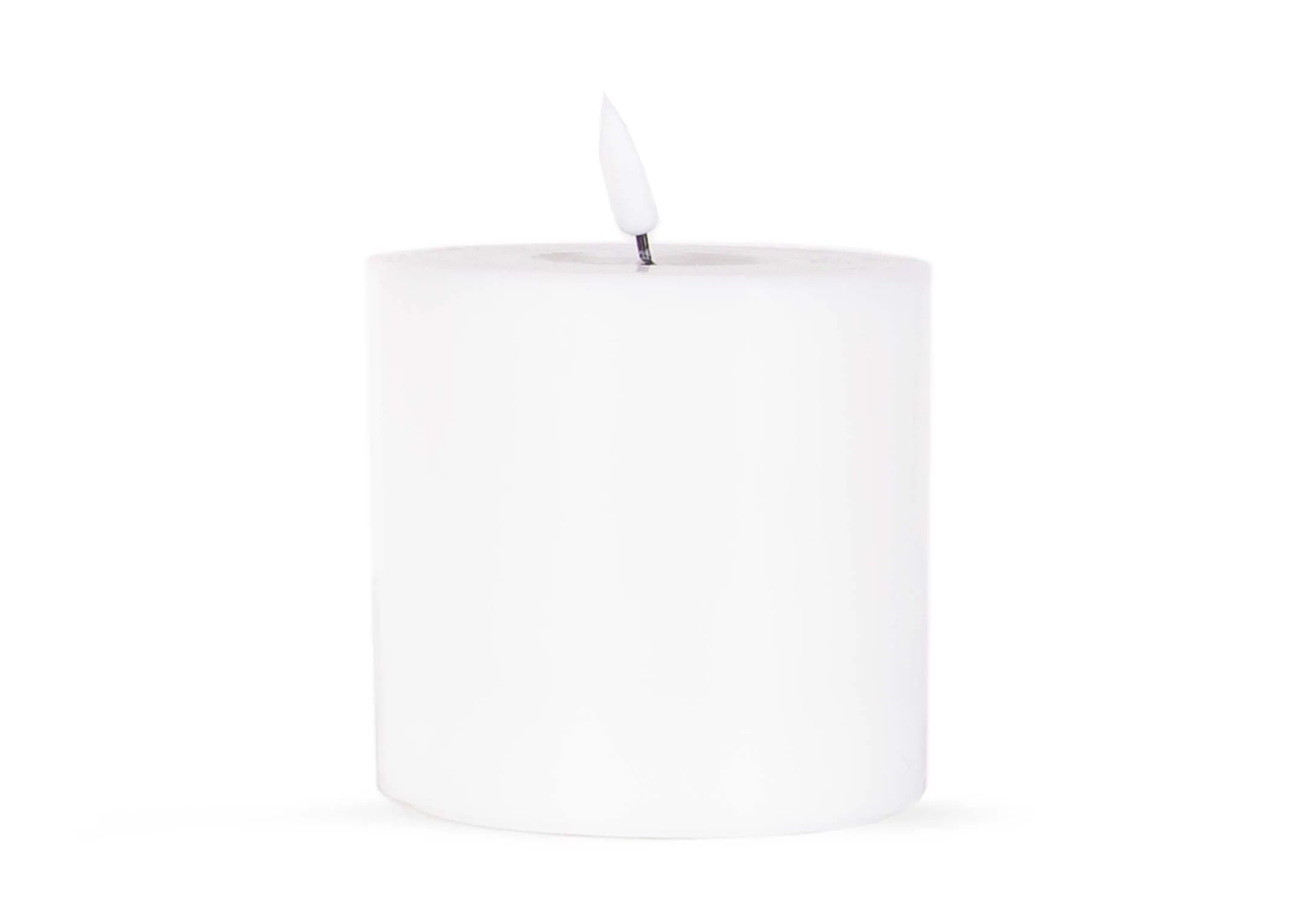 A small led white candle with lifelike flame from EZ Living Furniture's Deluxe Homeart range. Front view of candle unlit.
