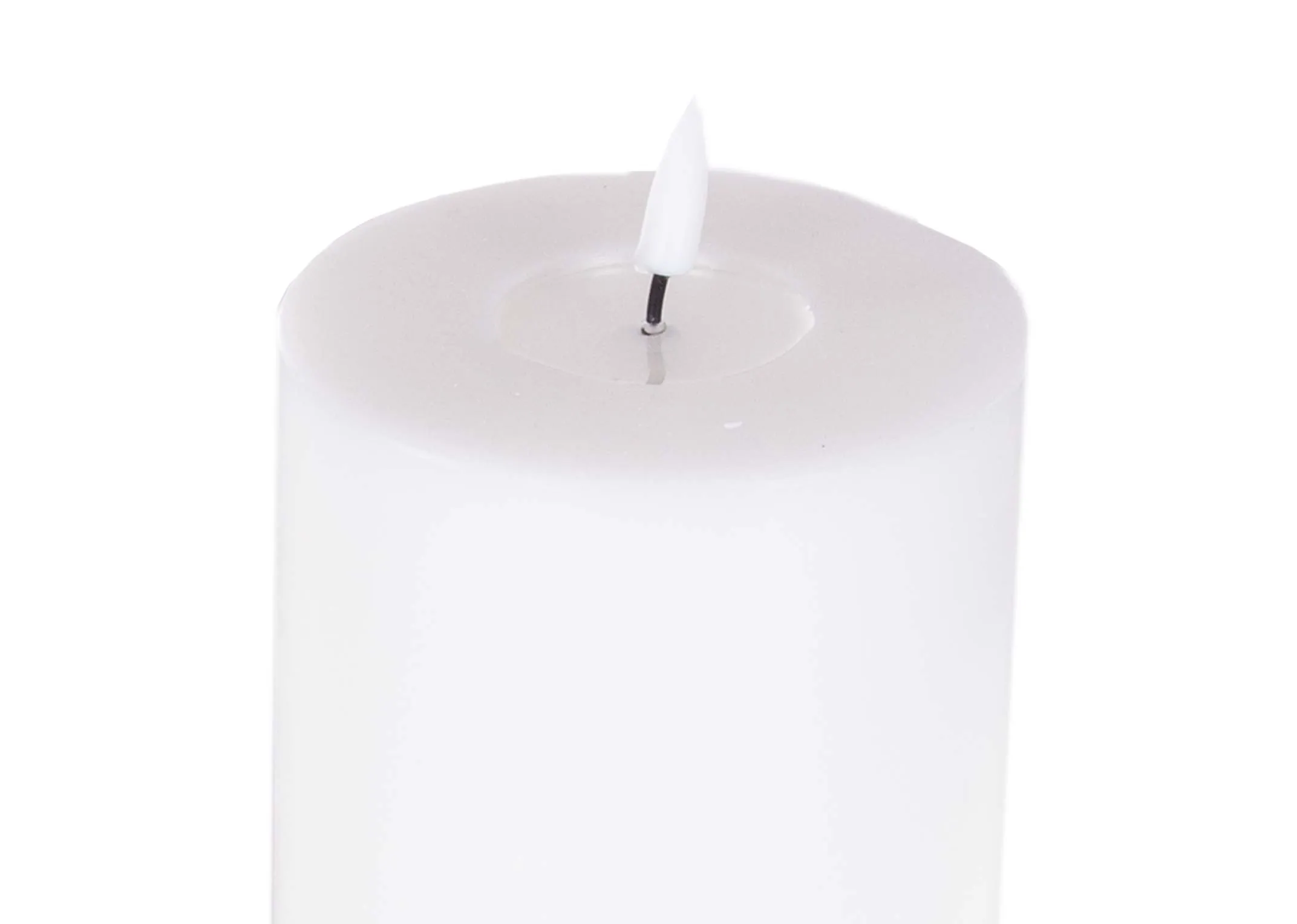 A small led white candle with lifelike flame from EZ Living Furniture's Deluxe Homeart range. Closeup of wick