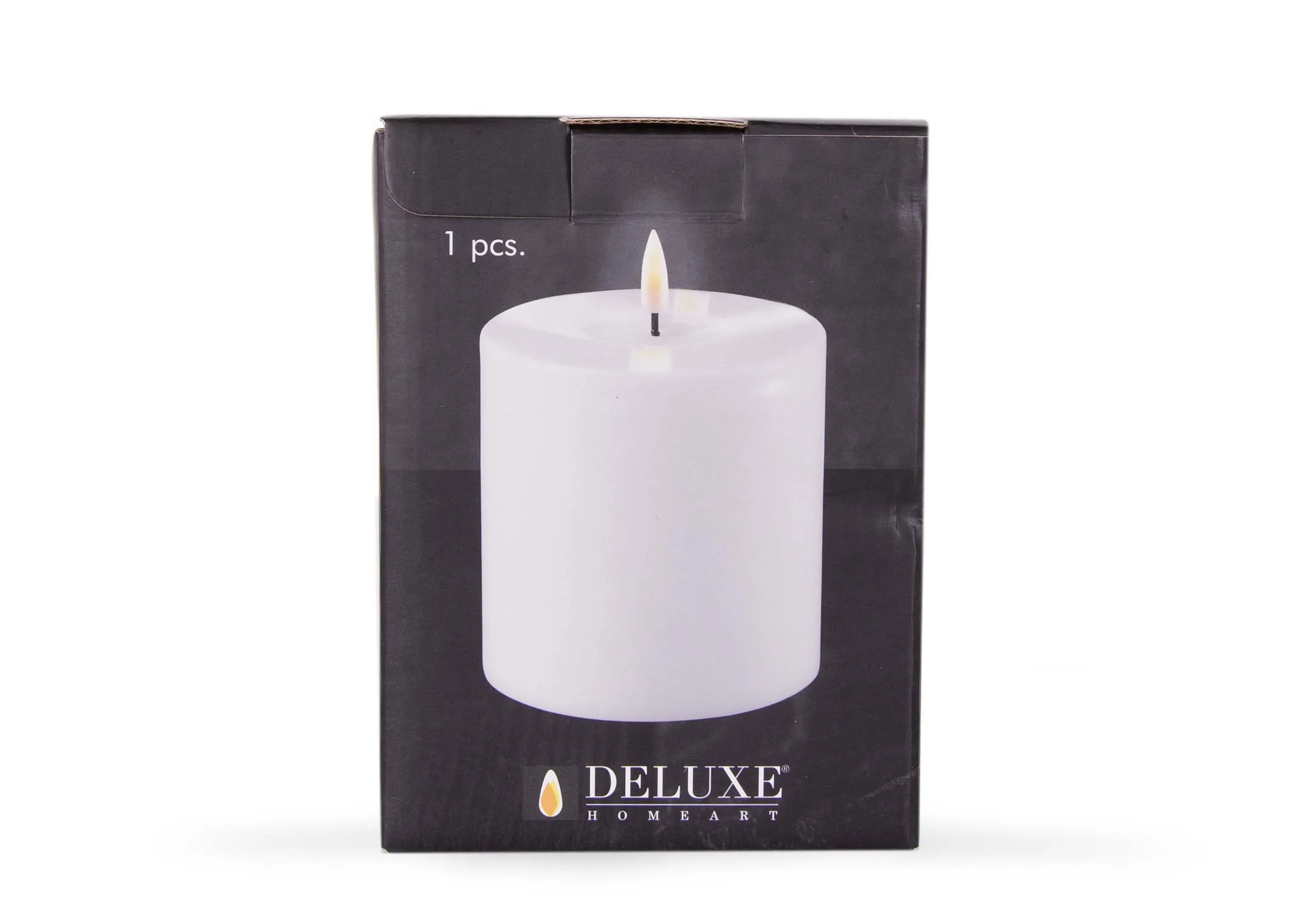 A small led white candle with lifelike flame from EZ Living Furniture's Deluxe Homeart range.Front view of box