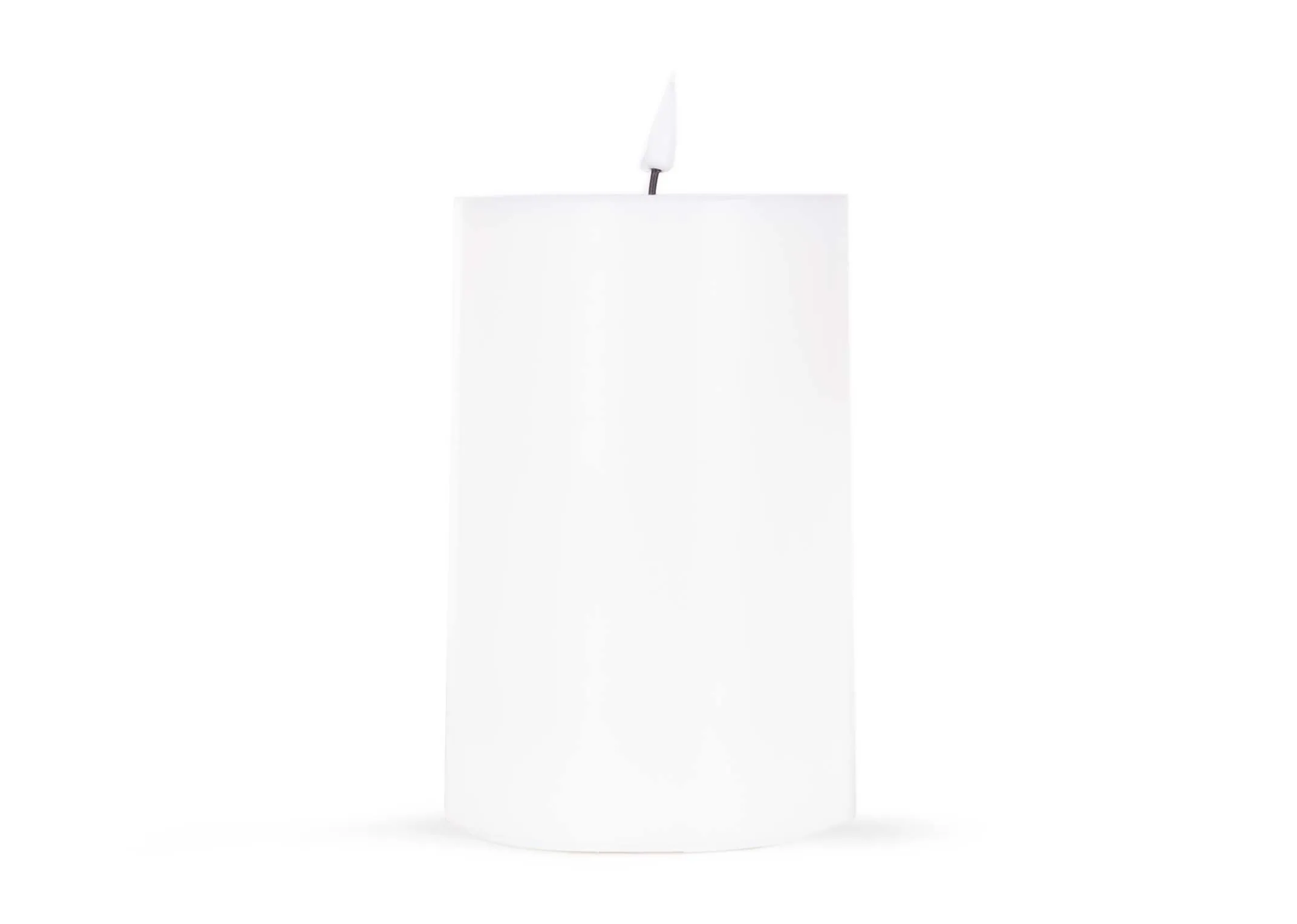 A medium led white candle with lifelike flame from EZ Living Furniture's Deluxe Homeart range. Front view of candle