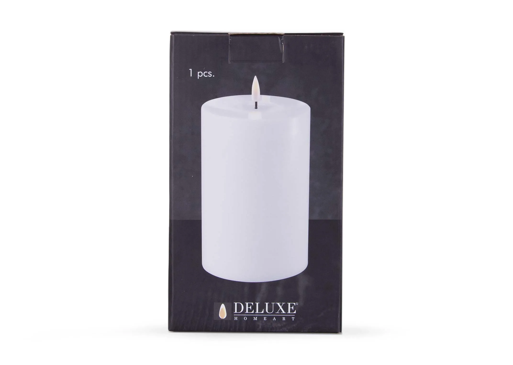 A medium led white candle with lifelike flame from EZ Living Furniture's Deluxe Homeart range. Front view of box