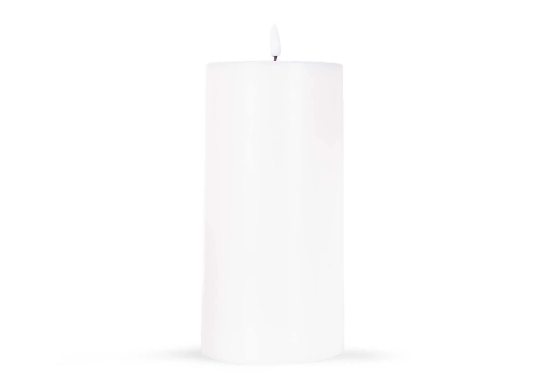 A large led white candle with lifelike flame from EZ Living Furniture's Deluxe Homeart range. Front view of the candle
