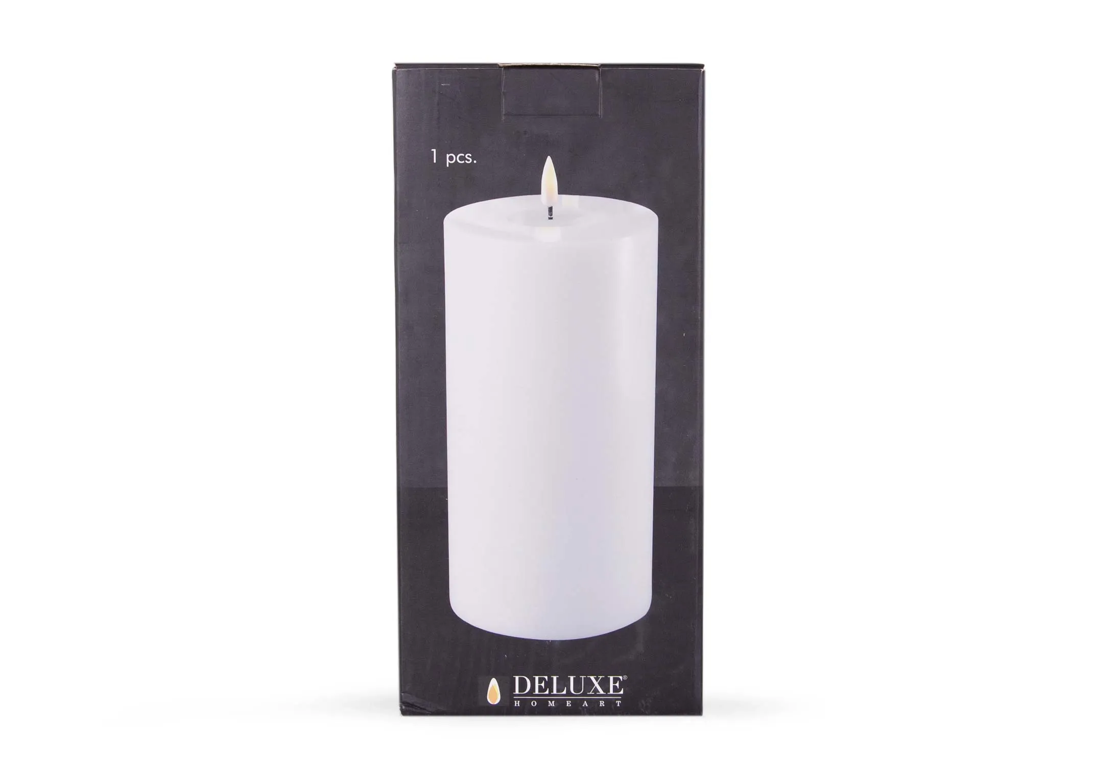 A large led white candle with lifelike flame from EZ Living Furniture's Deluxe Homeart range. Front view of box
