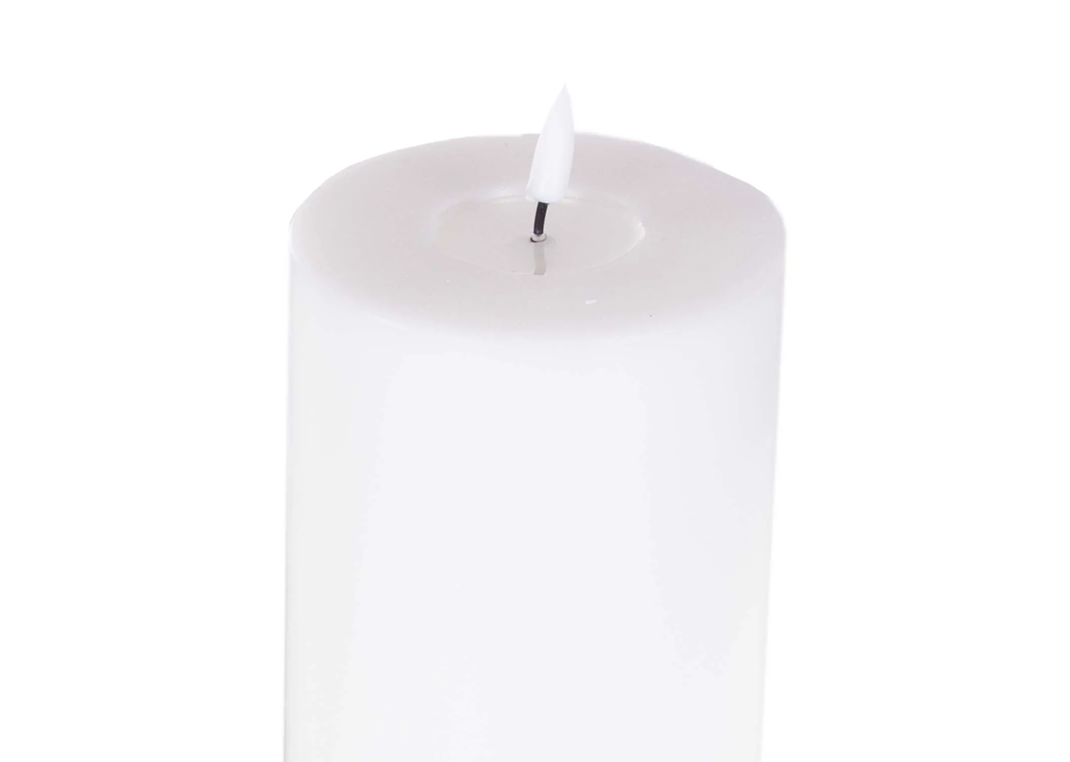 A large led white candle with lifelike flame from EZ Living Furniture's Deluxe Homeart range. Closeup of wick