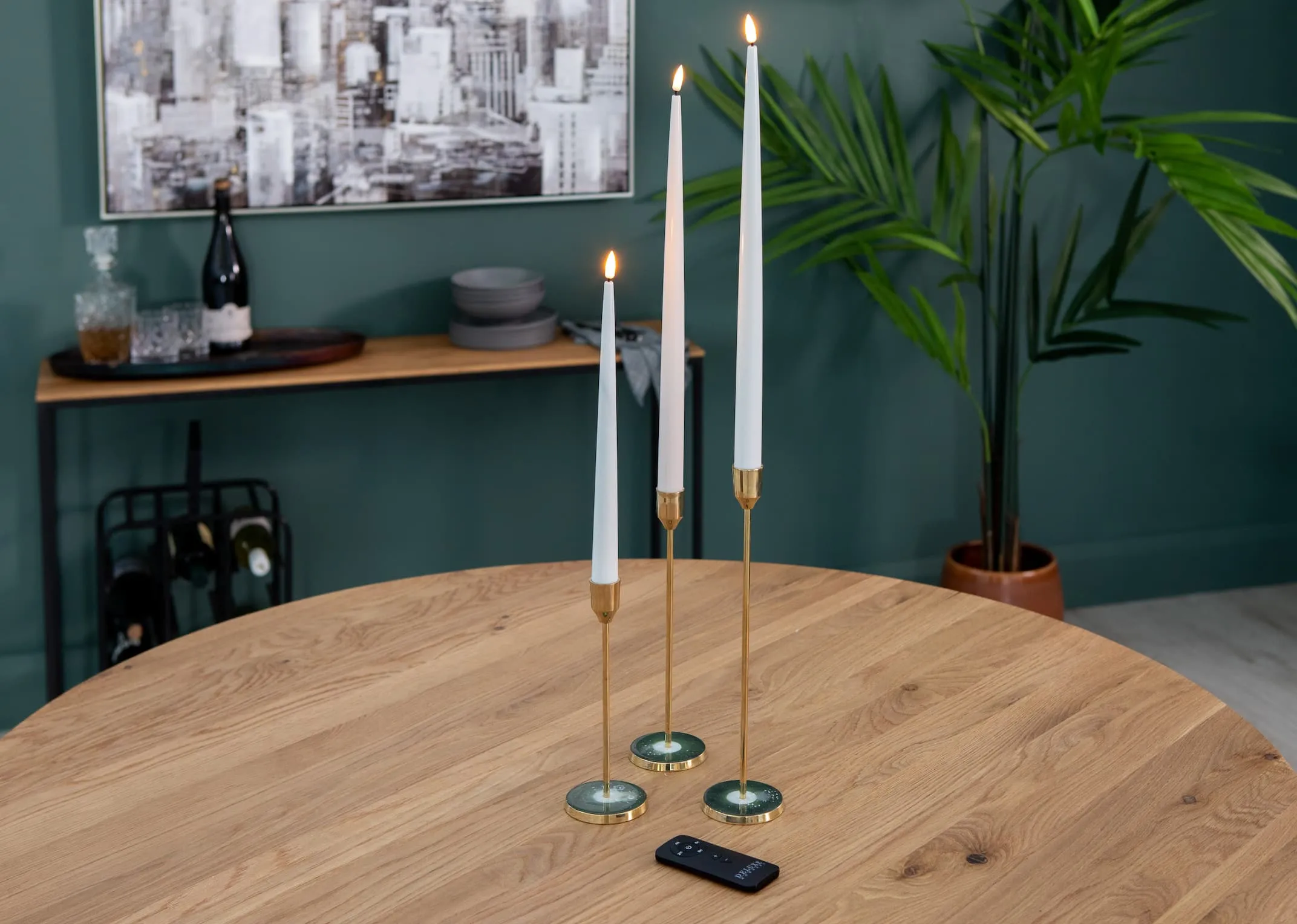 A lifestyle image of the Deluxe Dinner Candles LED on the Renvyle Dining table with remote control