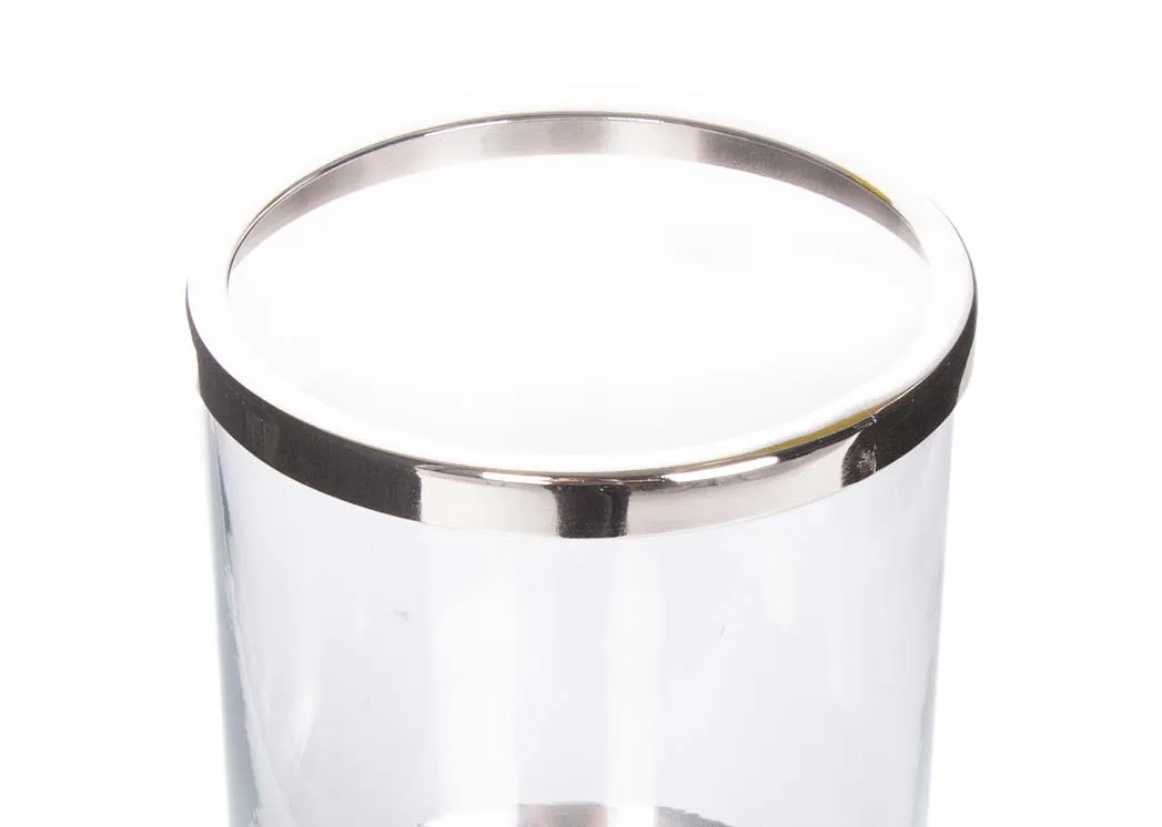 A medium glass pillar candleholder with silver base from EZ Living Furniture's Rhinestone range. Closeup of silver rim