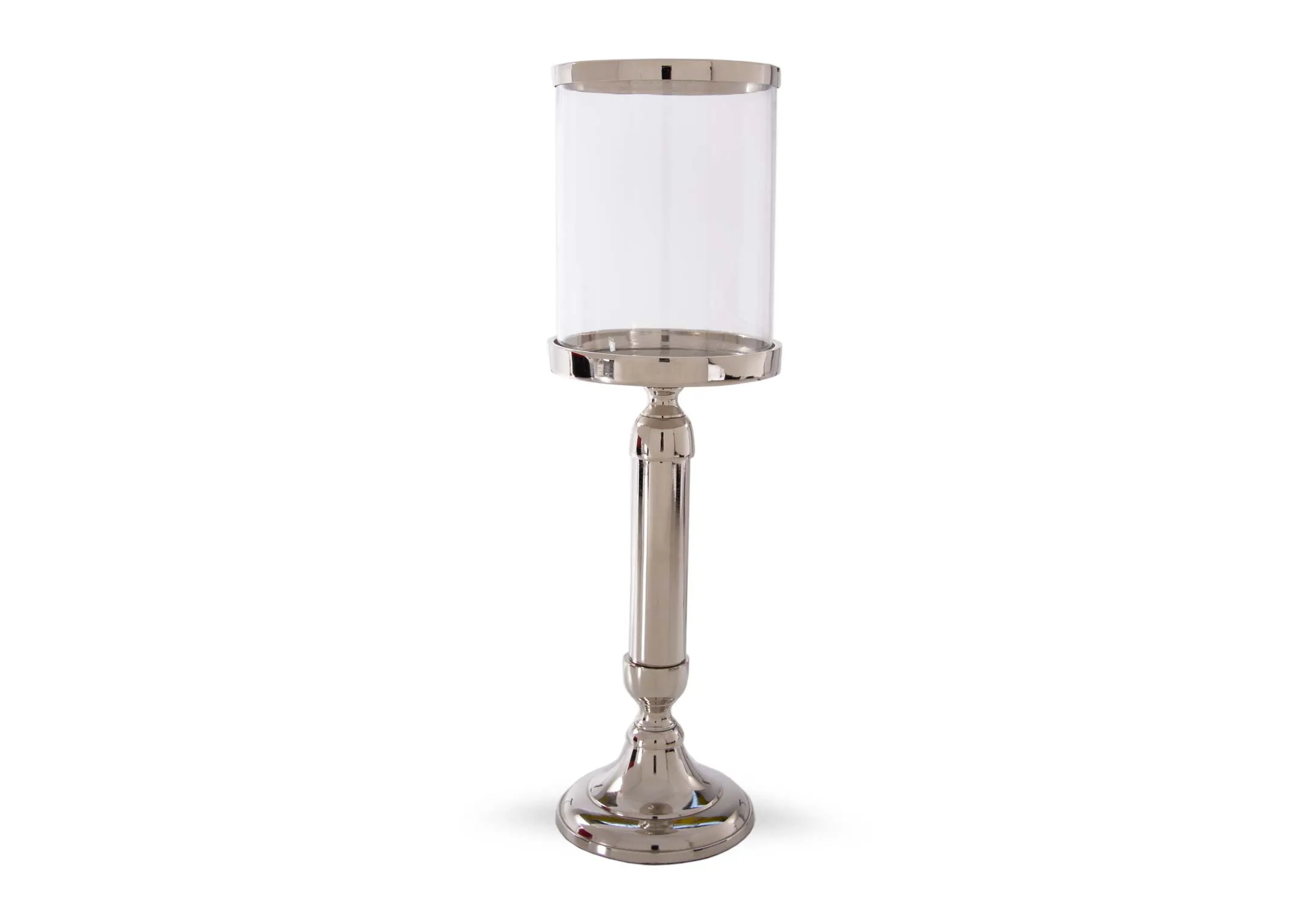 A medium glass pillar candle holder on silver stand from EZ Living's Rhinestone range. Front view of candleholder