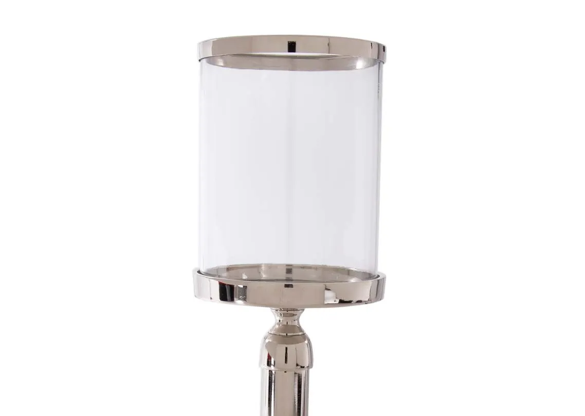A small glass pillar candle holder on silver stand from EZ Living's Rhinestone range. Closeup of candleholder