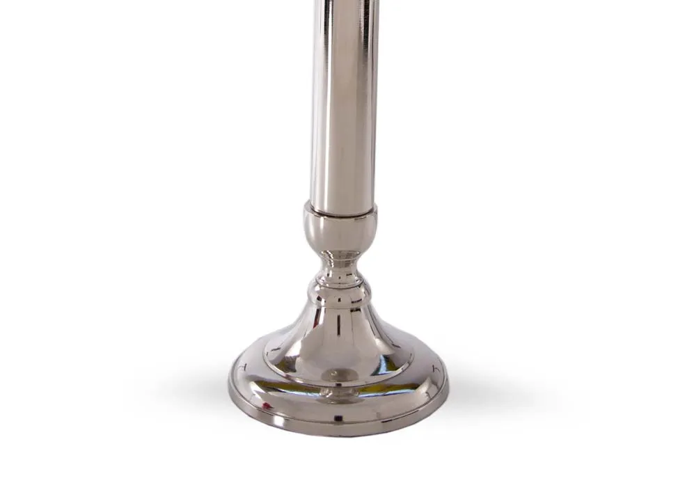 A small glass pillar candle holder on silver stand from EZ Living's Rhinestone range. Closeup of silver stand