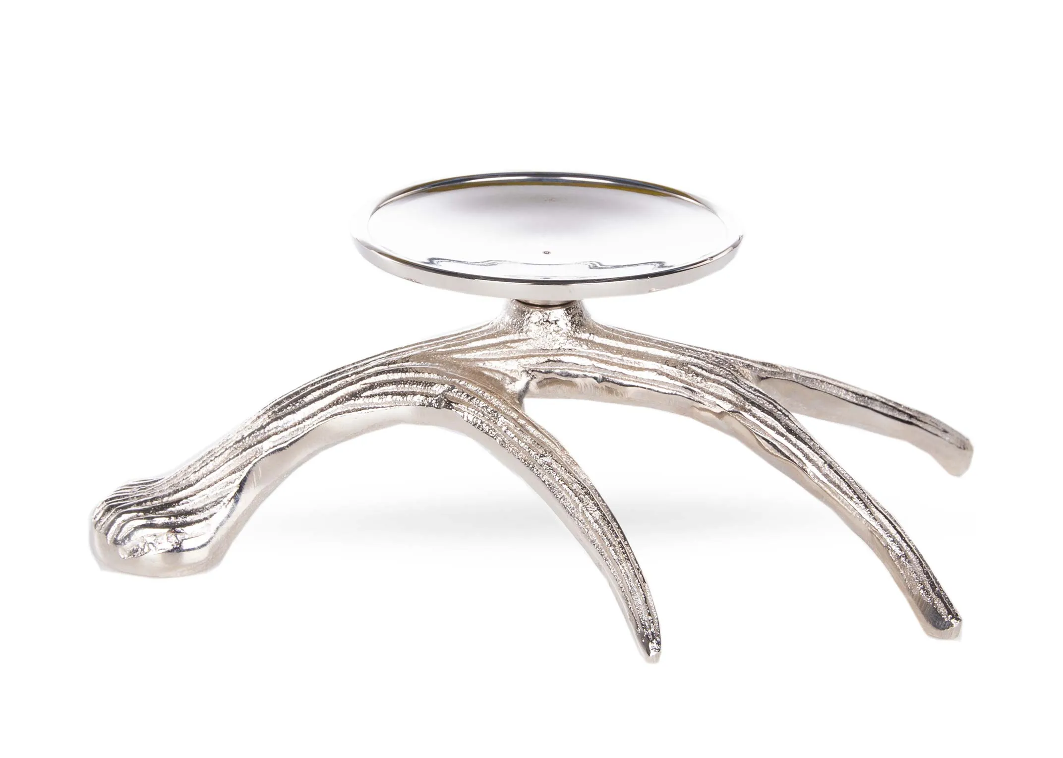 A Silver Branch Base with Pillar candle holder from EZ Living's Christmas range. Angled view of detailed branch