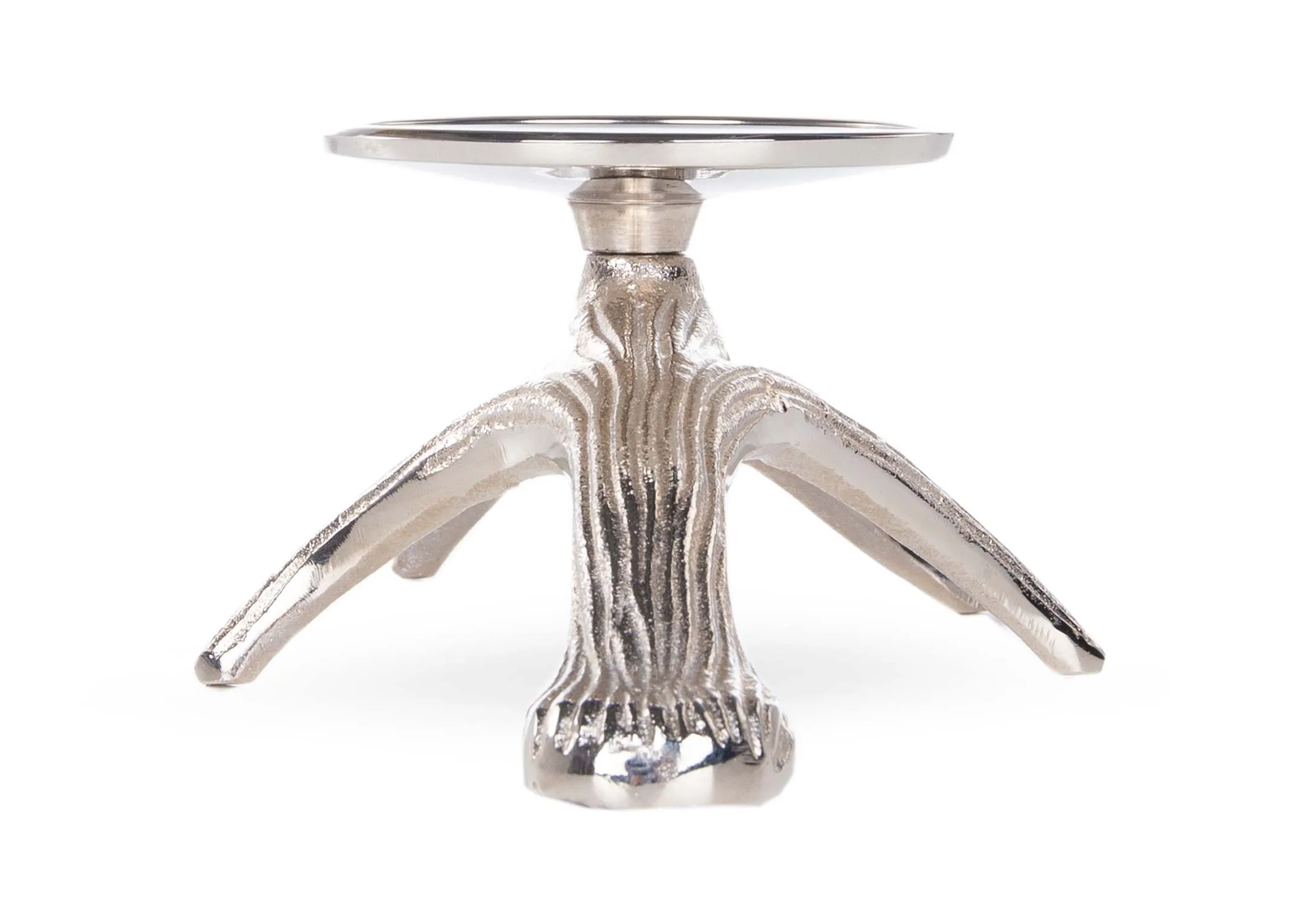 A Silver Branch Base with Pillar candle holder from EZ Living's Christmas range. Side view odepth