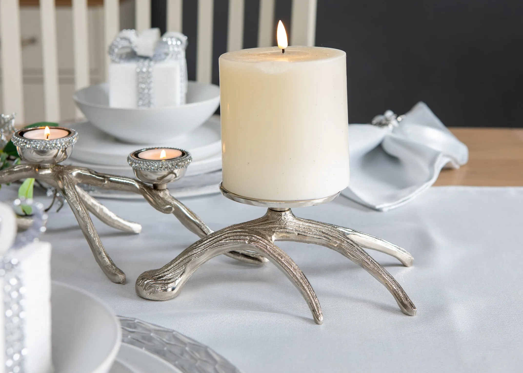 Silver Branch Base with Pillar Light- Christmas Candle Holder